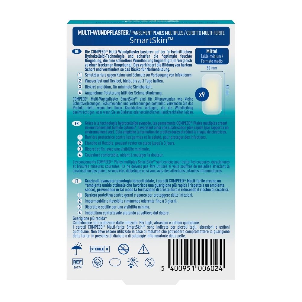Rückseite einer COMPEED® Verpackung mit Produktinformationen und Anwendungshinweisen.