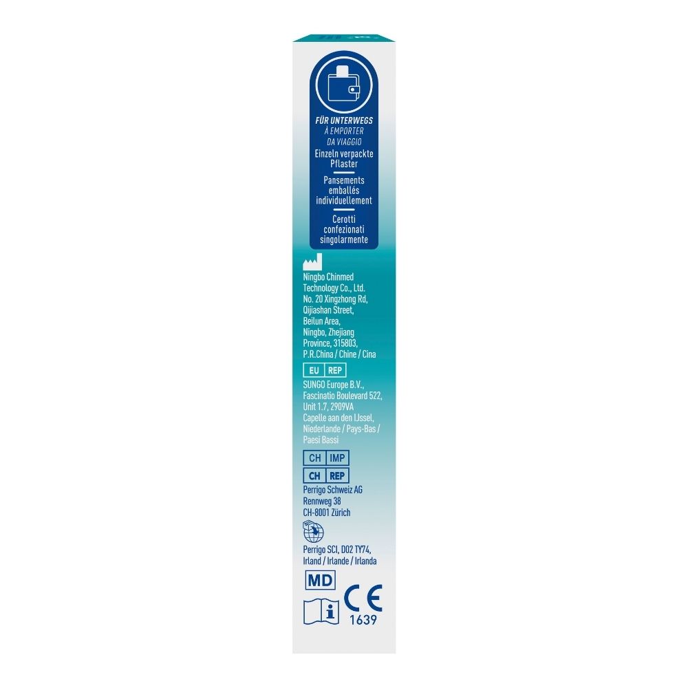 Seitenansicht einer COMPEED® Verpackung mit Symbolen für Wasserfestigkeit und Haltbarkeit.