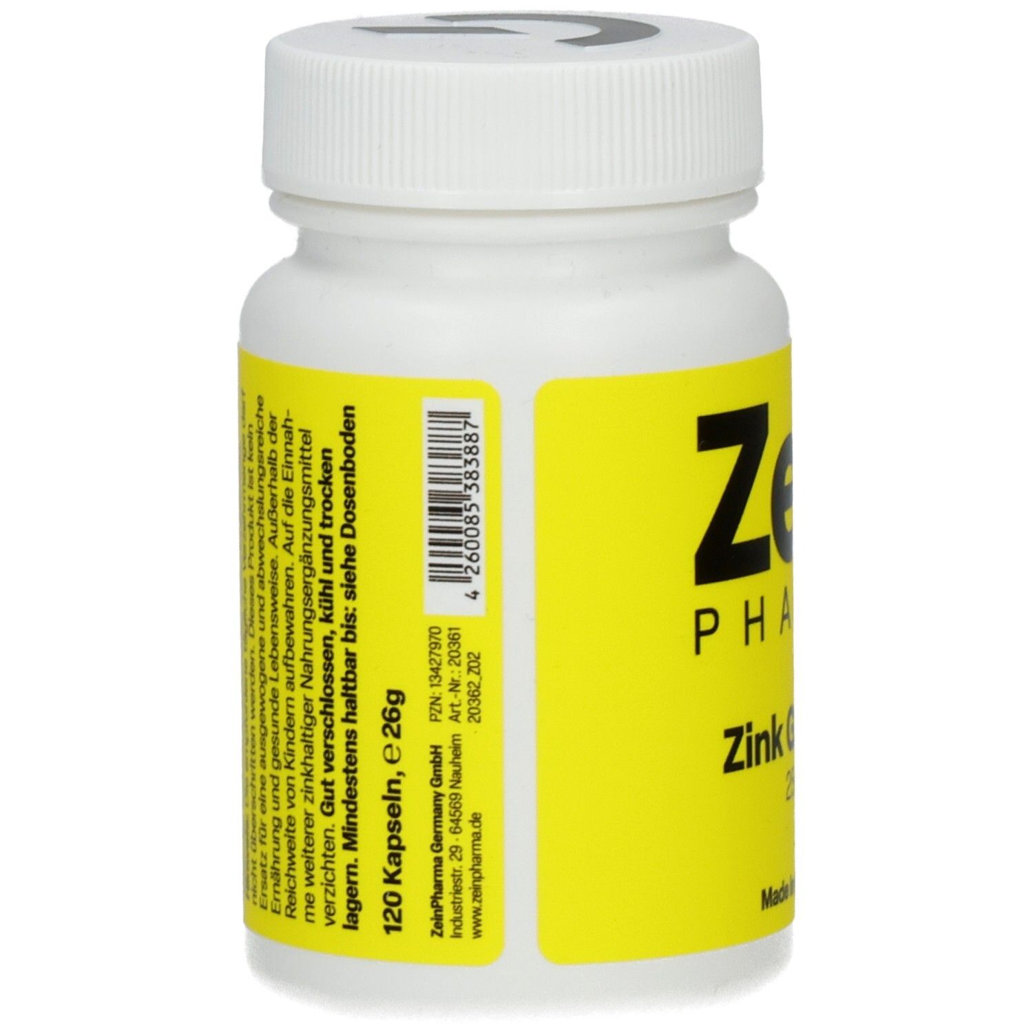 Weiße Flasche mit gelbem Etikett. Aufschrift: Zein Pharma, Zink Glycinat. 120 Kapseln. Mindestens haltbar bis: siehe Dosenboden.