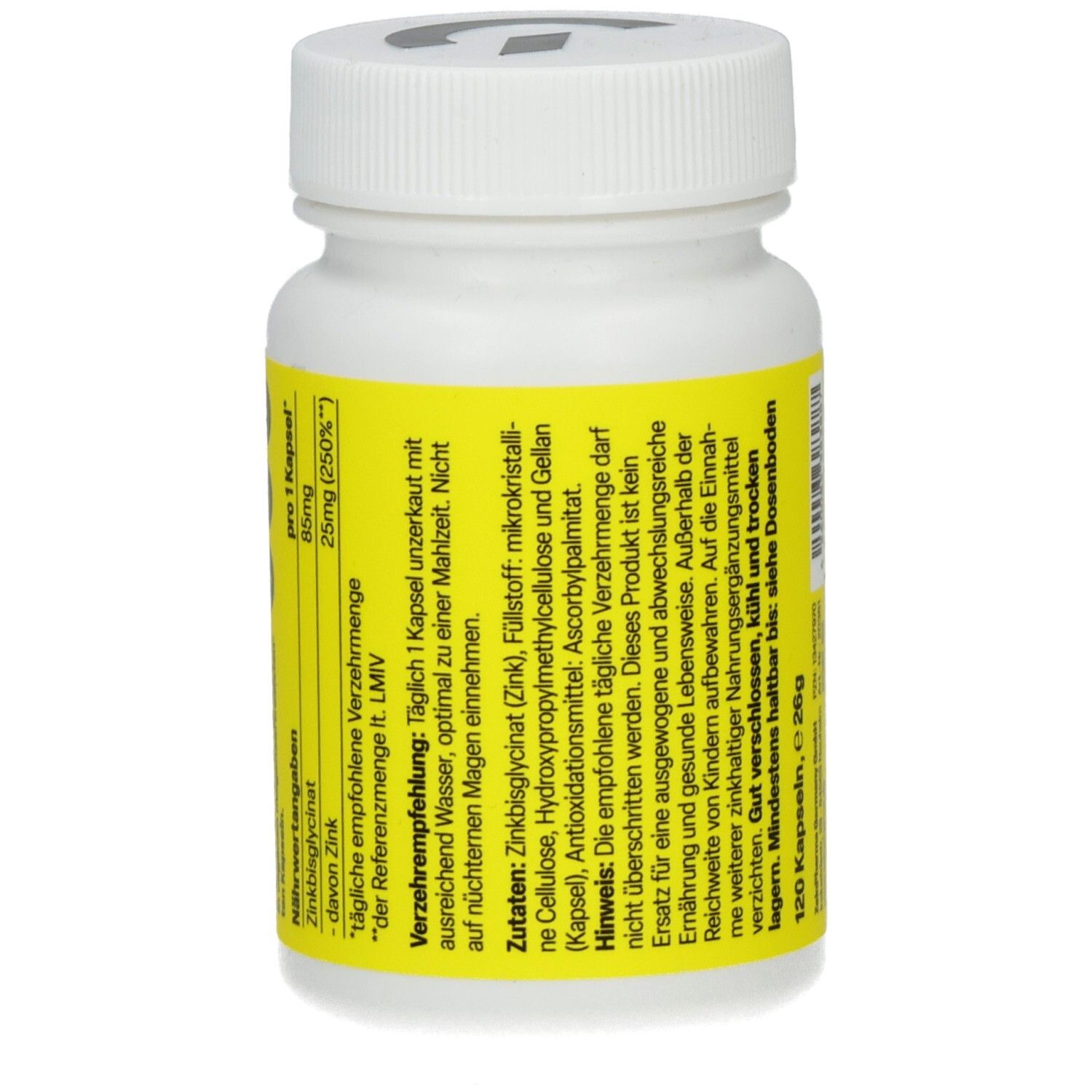 Rückseite der weißen Flasche mit gelbem Etikett. Text über Inhaltsstoffe und Verzehrempfehlung. 120 Kapseln.
