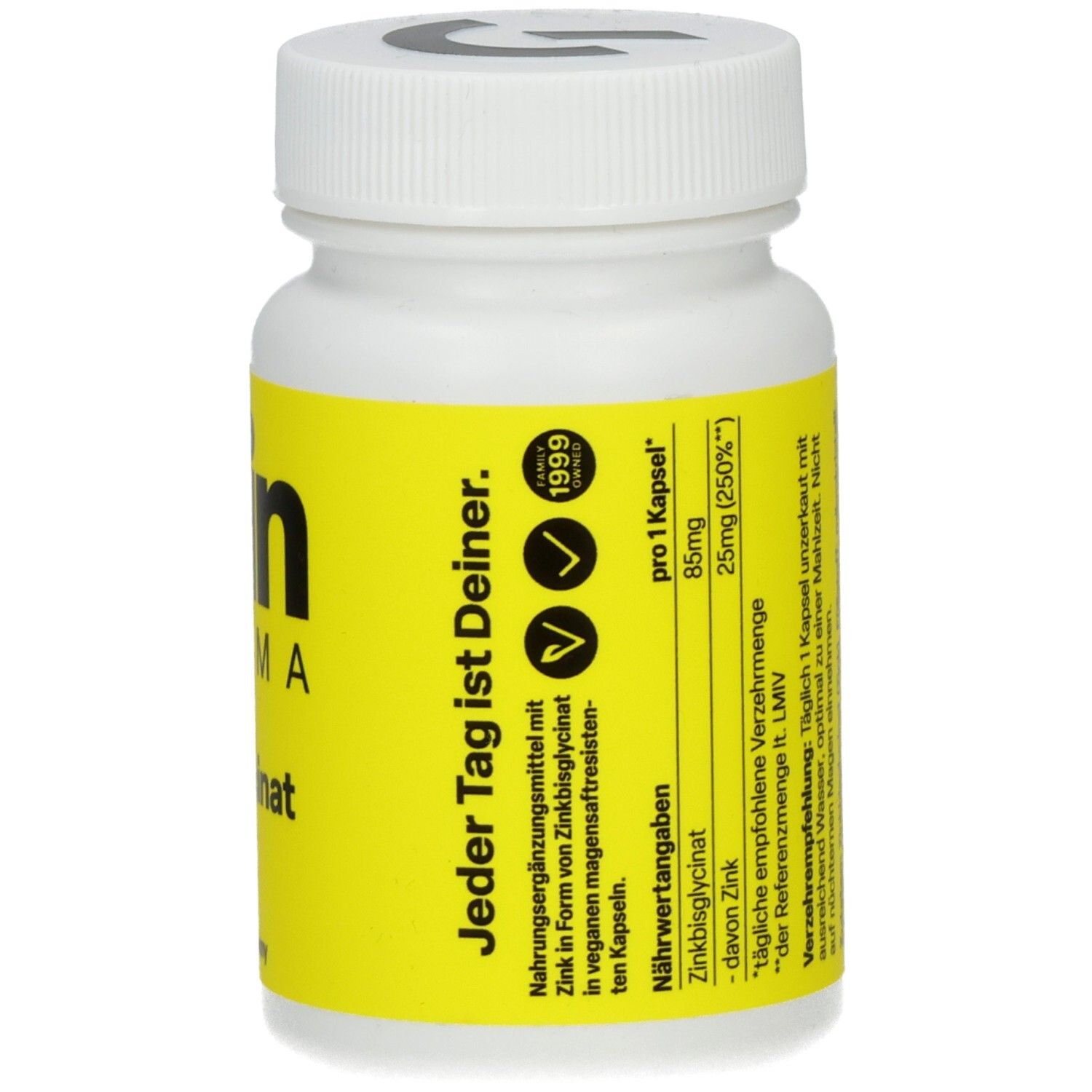 Weiße Flasche mit gelbem Etikett. Aufschrift: Zein Pharma, Zink Glycinat. Nährwertangaben. 1999. Vegan.