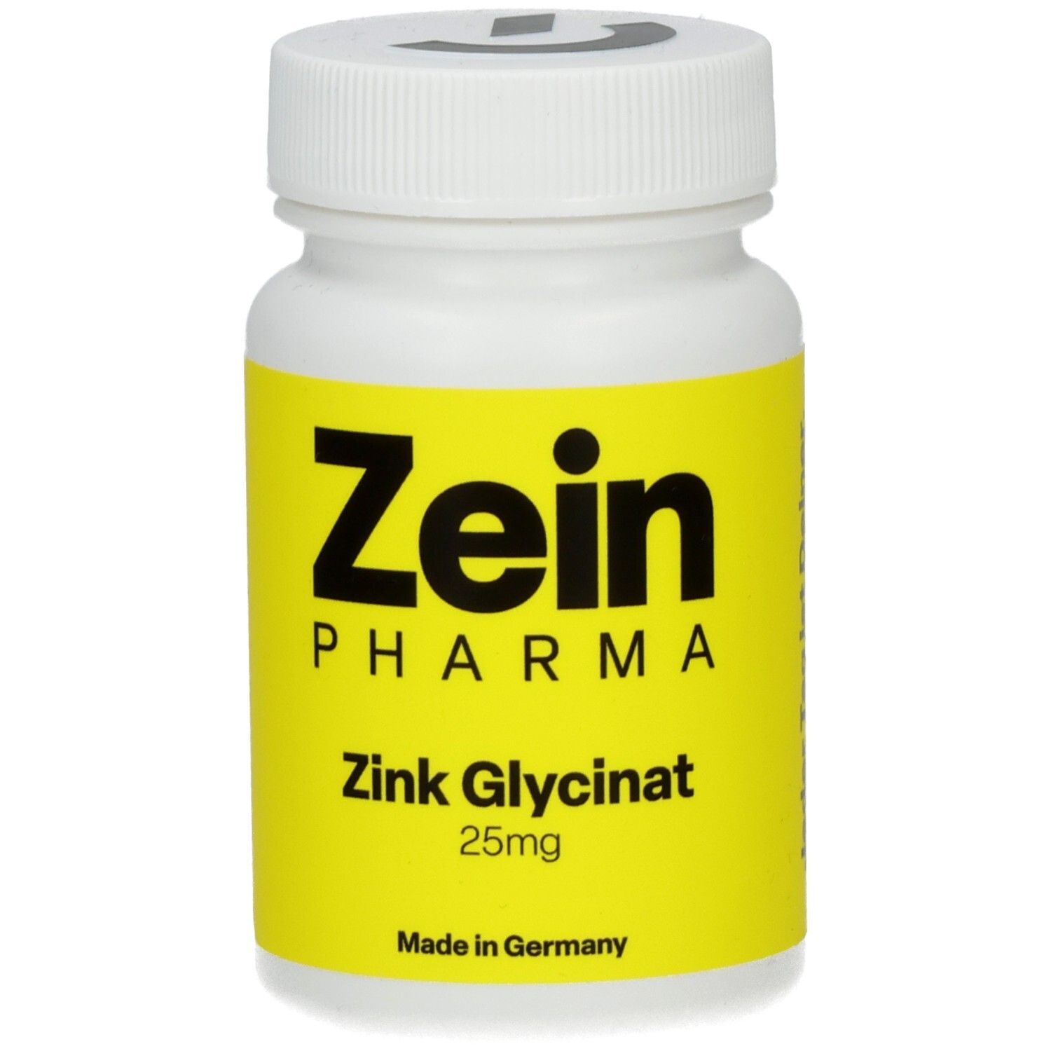 Weiße Flasche mit gelbem Etikett. Aufschrift: Zein Pharma, Zink Glycinat 25mg. Made in Germany.
