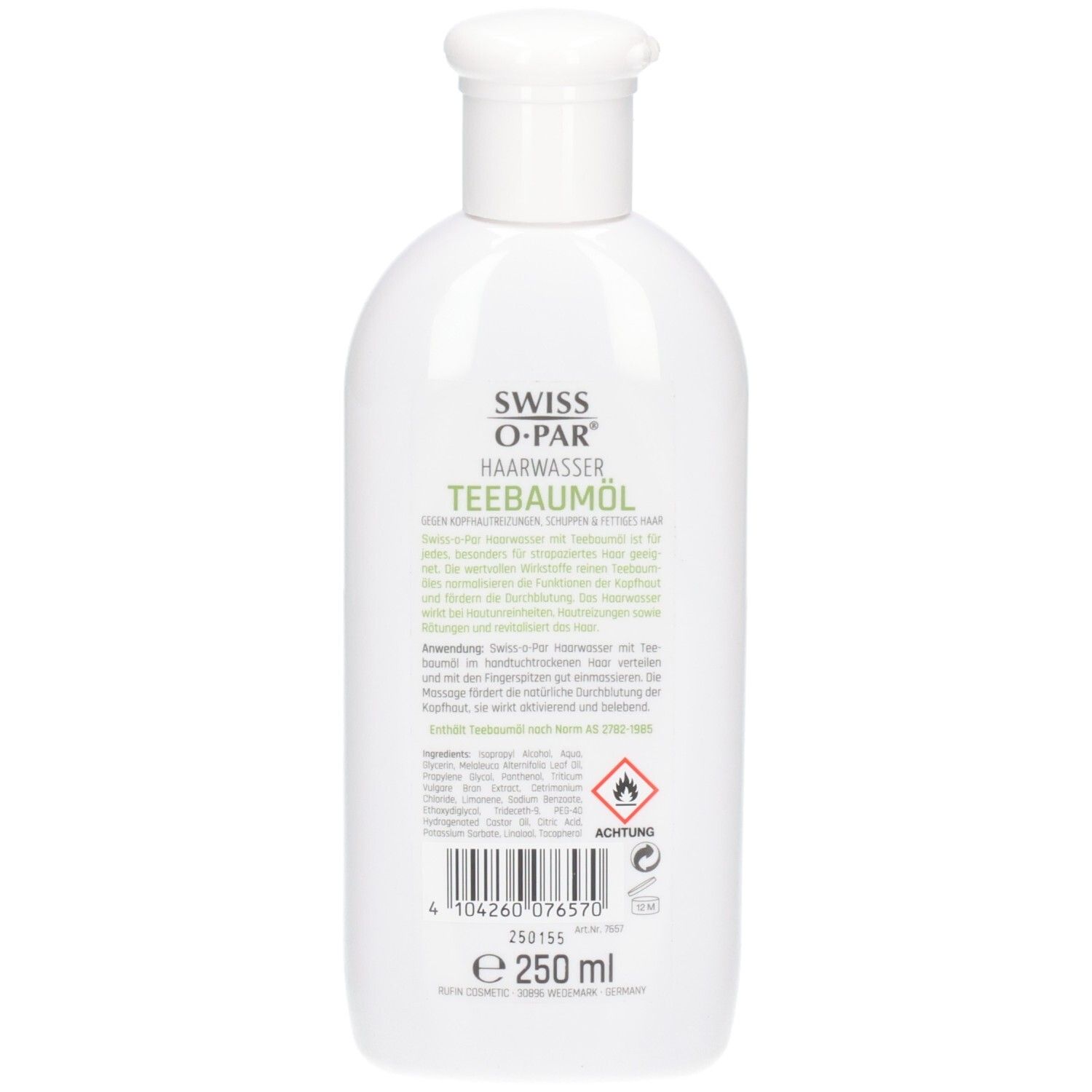 Weiße Flasche mit grünem Etikett. Enthält 250 ml Haarwasser mit Teebaumöl.