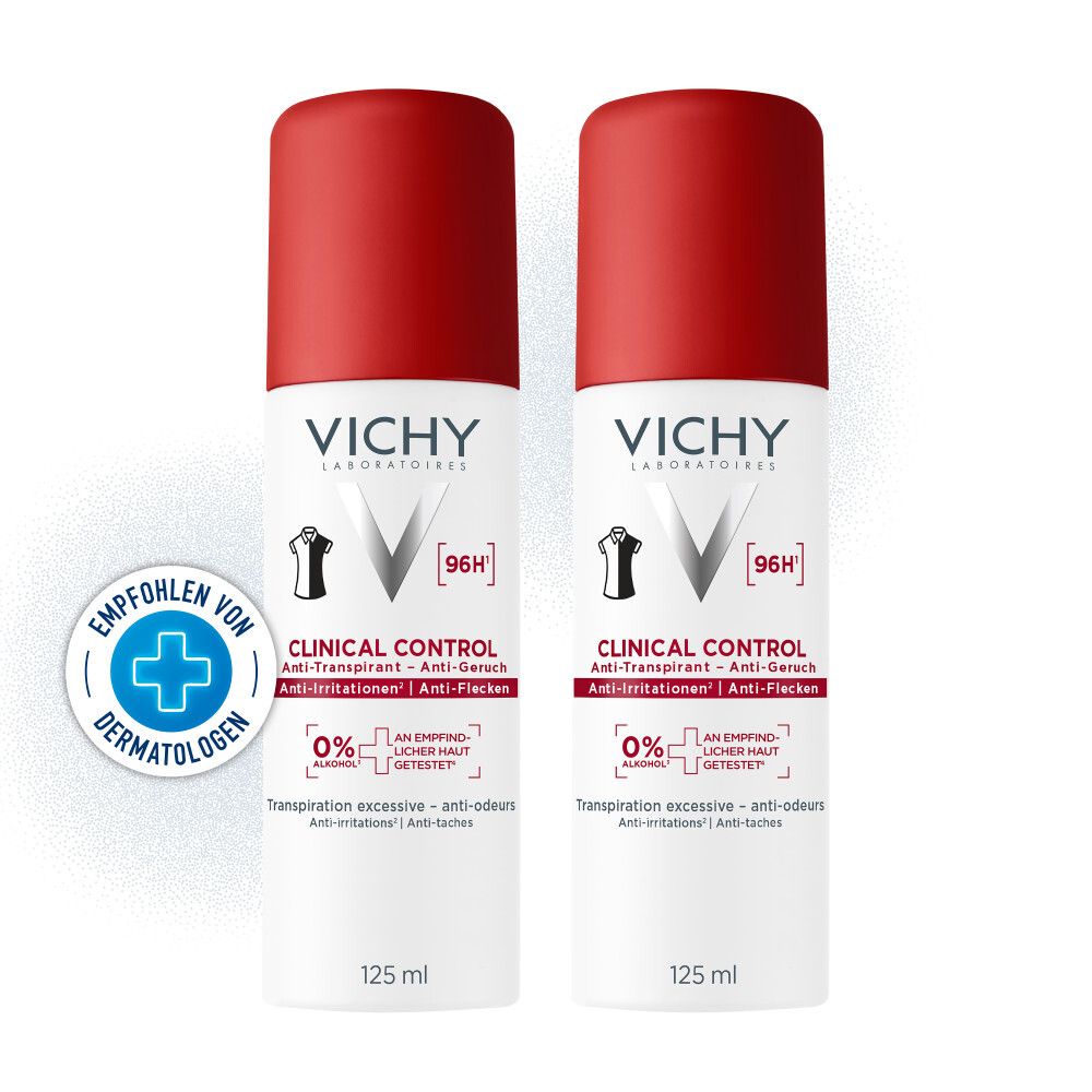 Zwei Vichy Clinical Control Deosprays mit rotem Deckel, 125 ml. Empfohlen von Dermatologen.