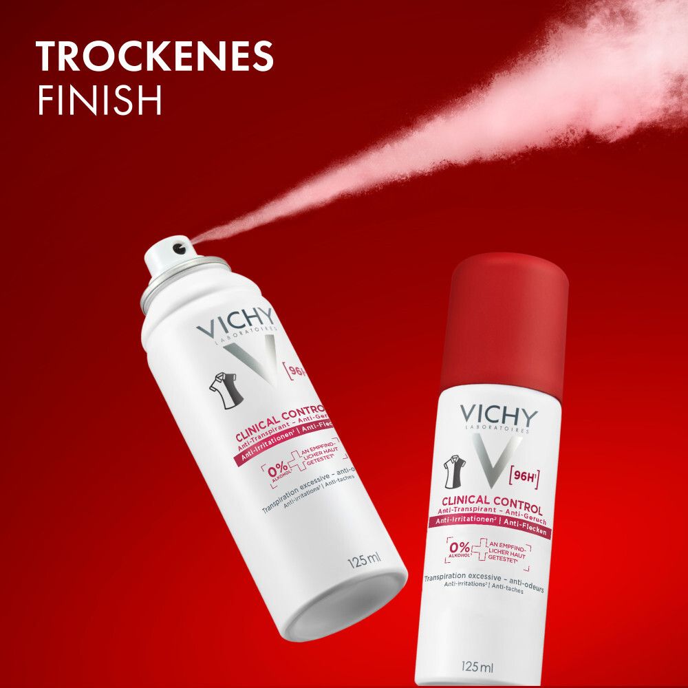 Zwei Vichy Clinical Control Deosprays, eines davon sprüht. 125ml Größe.
