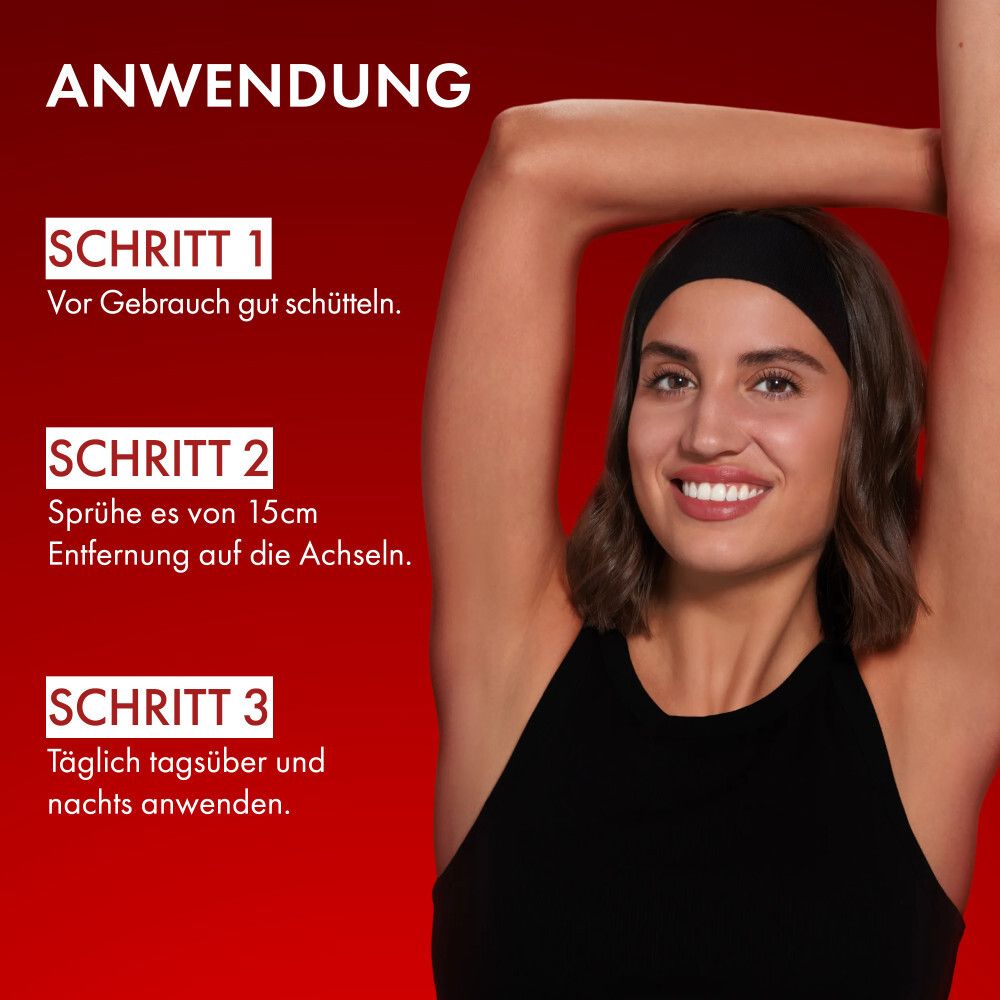 Anwendungsschritte für ein Deodorant: Schütteln, 15cm Abstand, täglich anwenden. Frau mit Stirnband.