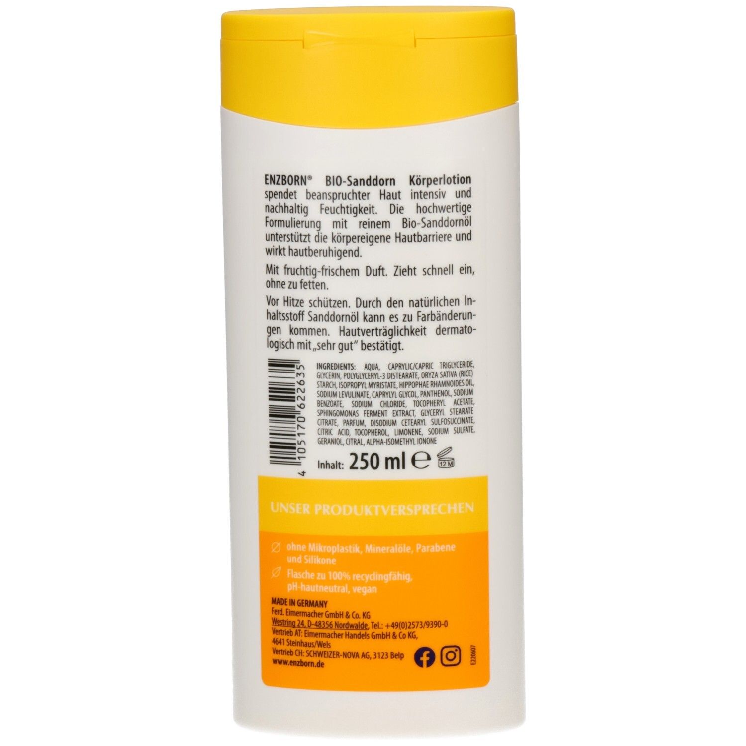 Rückseite der ENZBORN Bio-Sanddorn Körperlotion Flasche mit Inhaltsangaben und 250 ml Angabe.