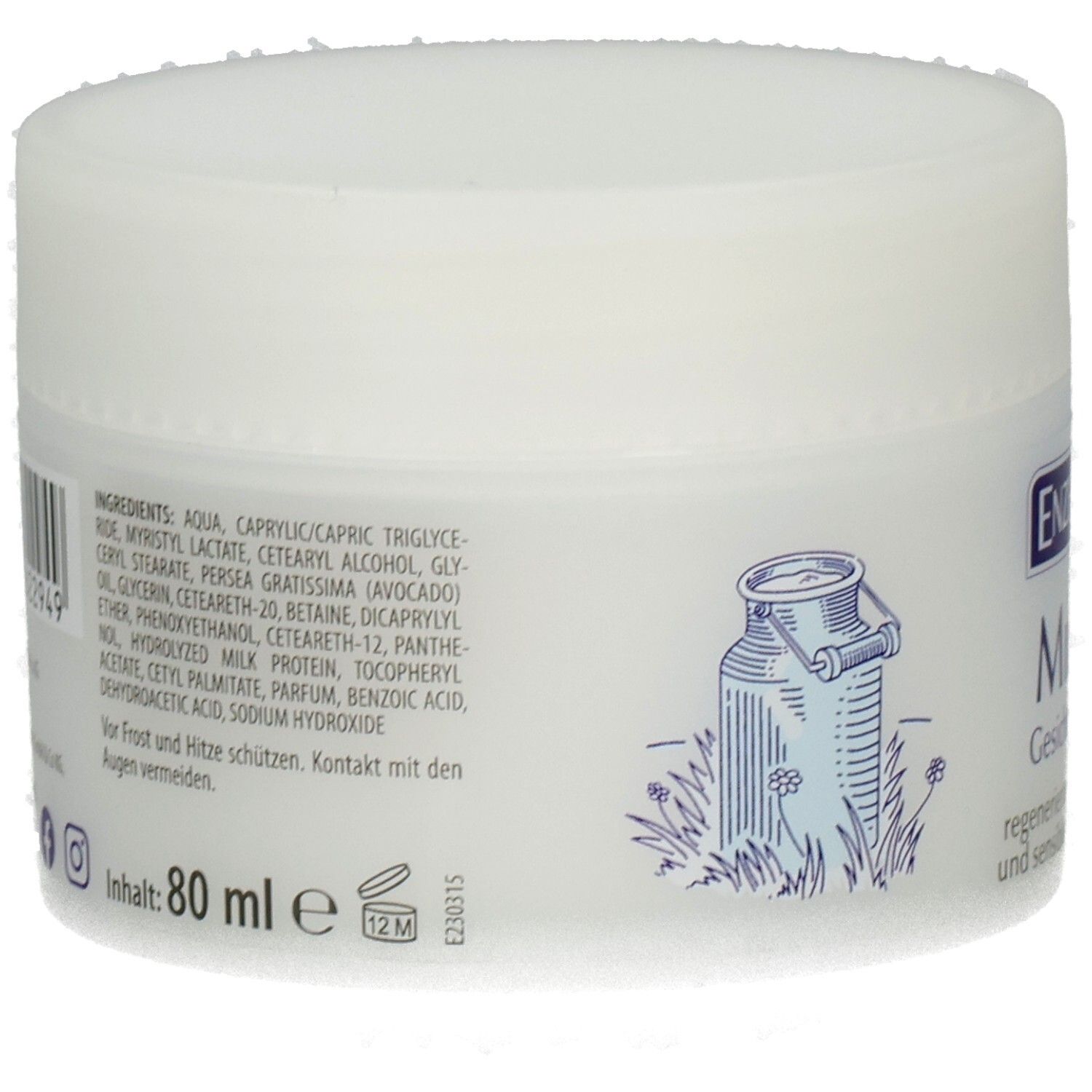Rückseite ENZBORN Milch Gesichtscreme Tiegel mit Inhaltsstoffen und 80 ml Angabe.