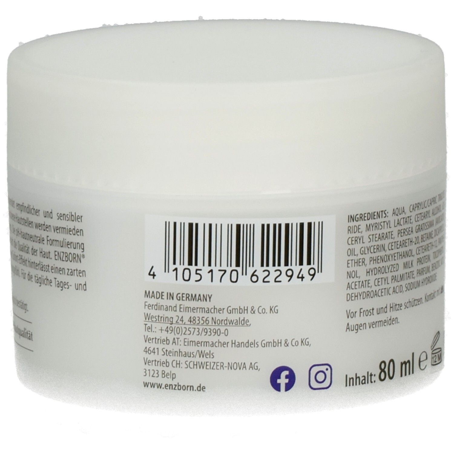 Seitenansicht ENZBORN Milch Gesichtscreme Tiegel mit Barcode, Made in Germany und 80 ml.