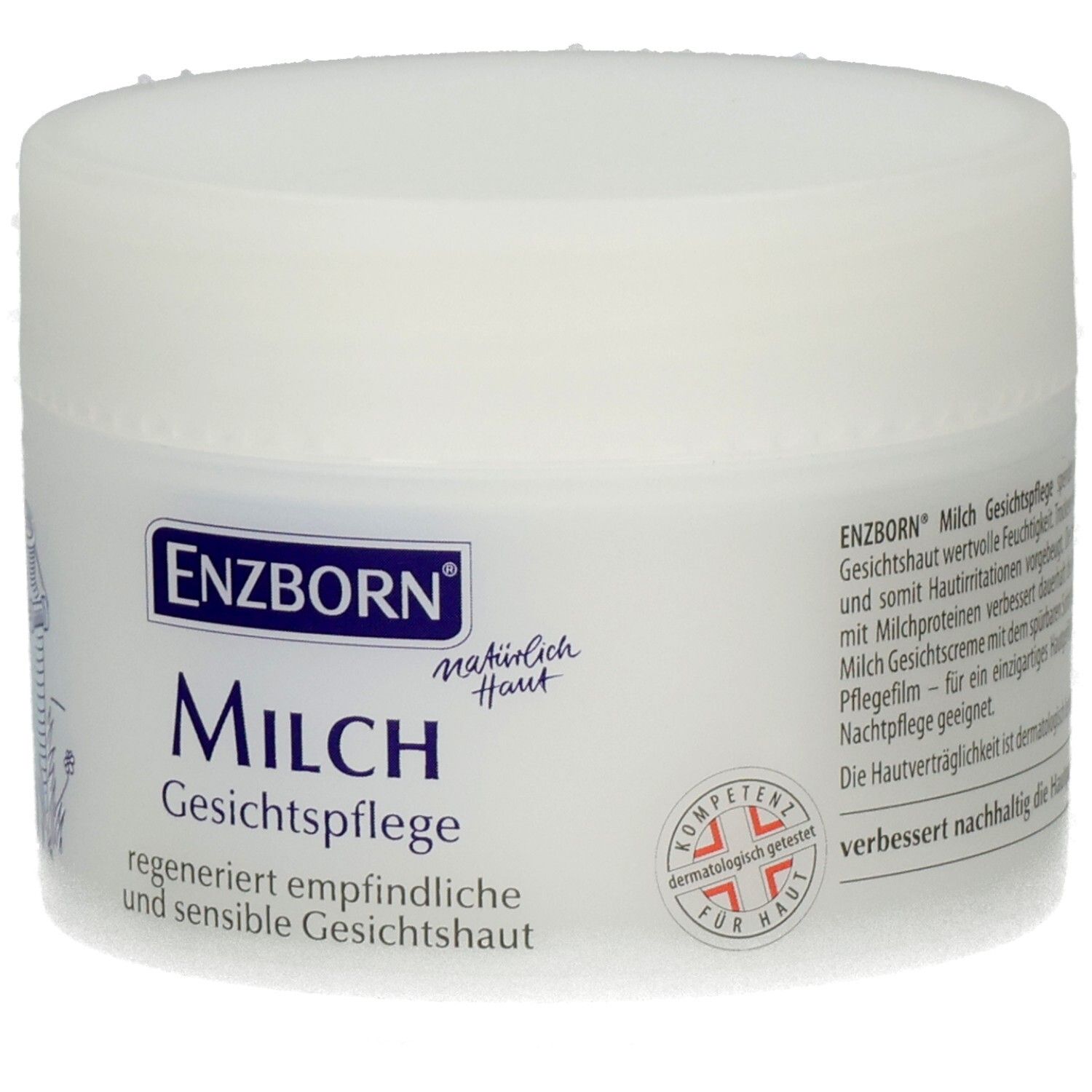 ENZBORN Milch Gesichtscreme Tiegel mit Siegel 'Dermatologisch getestet'.