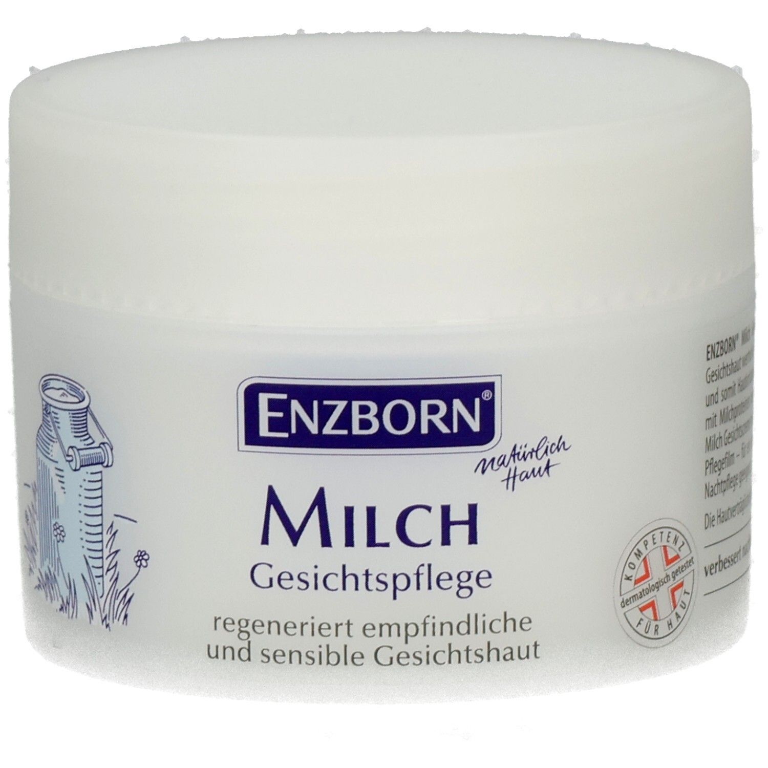 ENZBORN Milch Gesichtscreme Tiegel mit Siegel und Illustration einer Milchkanne.