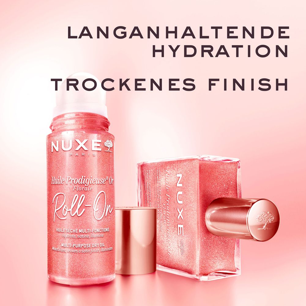 Produktabbildung. Text: LANGANHALTENDE HYDRATION, TROCKENES FINISH. Roll-On und Flasche.