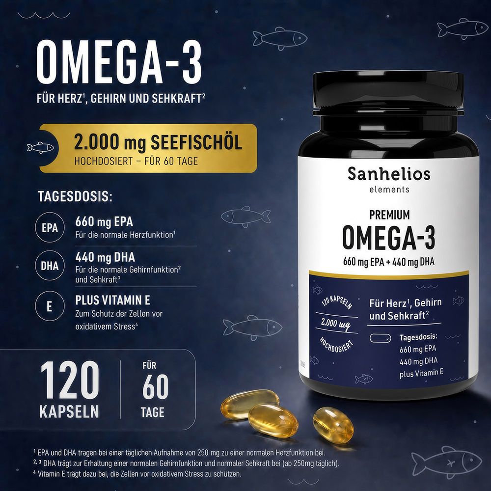 Sanhelios Premium Omega-3: Flasche mit 120 Kapseln für 60 Tage, 2.000 mg Seefischöl, 660 mg EPA, 440 mg DHA, Vitamin E.