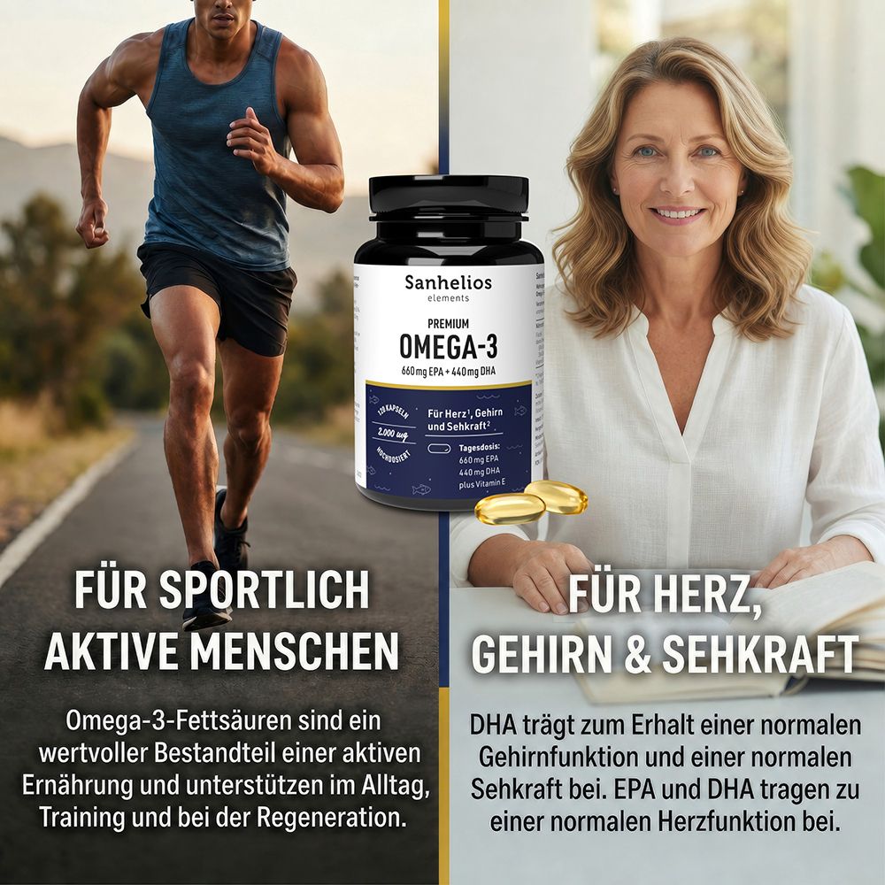 Sanhelios Premium Omega-3: Flasche neben lächelnder Frau und joggendem Mann. Für sportlich Aktive, Herz, Gehirn & Sehkraft.