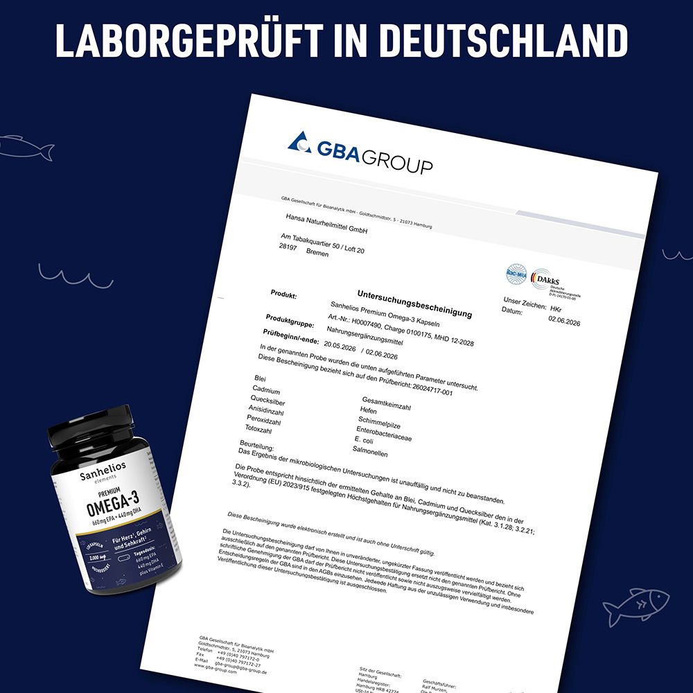Sanhelios Omega-3 Kapseln: Laborgeprüft in Deutschland. Zertifikat von GBA GROUP.