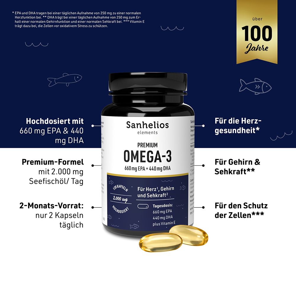 Sanhelios Premium Omega-3: Flasche mit 120 Kapseln. 2.000 mg Seefischöl, 660 mg EPA, 440 mg DHA. Für Herz, Gehirn, Sehkraft.