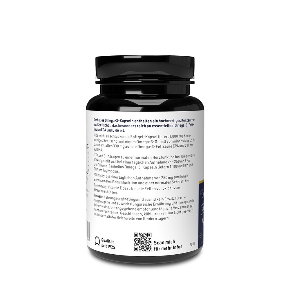 Sanhelios Premium Omega-3: Flasche mit 120 Kapseln. 2.000 mg Seefischöl, 660 mg EPA, 440 mg DHA. Für Herz, Gehirn, Sehkraft.
