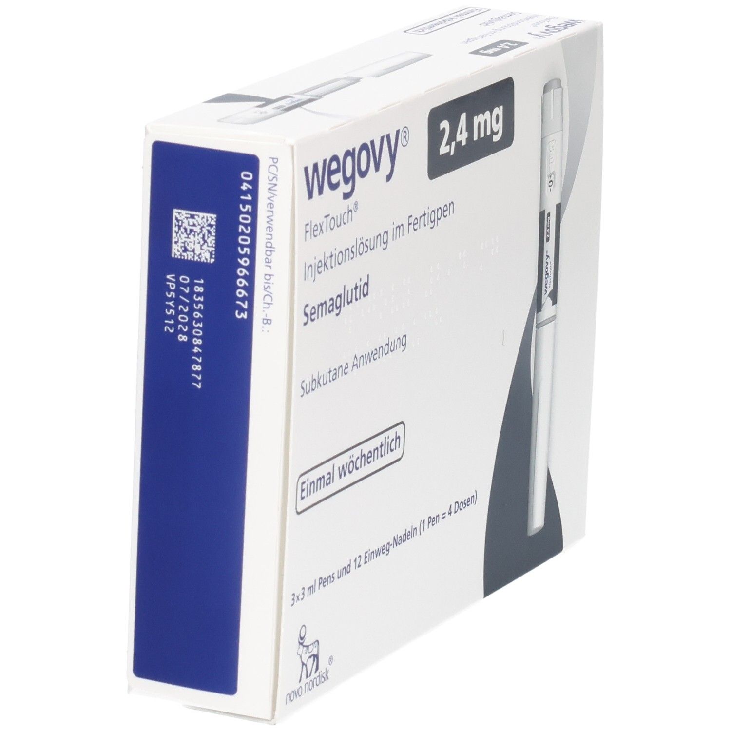 Verpackung Wegovy 2,4 mg FlexTouch Fertigpen, mit Chargennummer und Barcode auf der Seite.