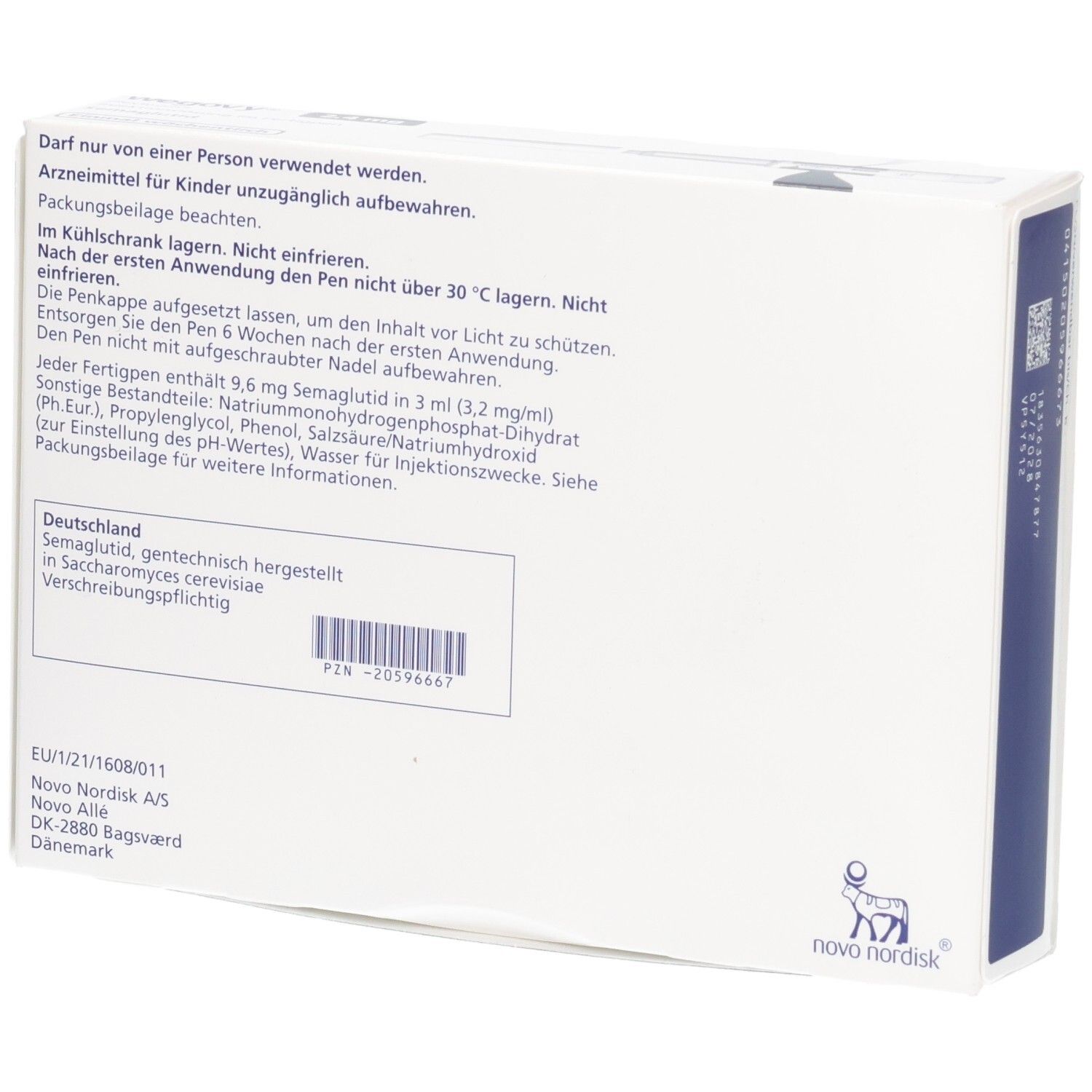 Rückseite der Wegovy 2,4 mg FlexTouch Verpackung mit Anwendungshinweisen und Inhaltsstoffen.