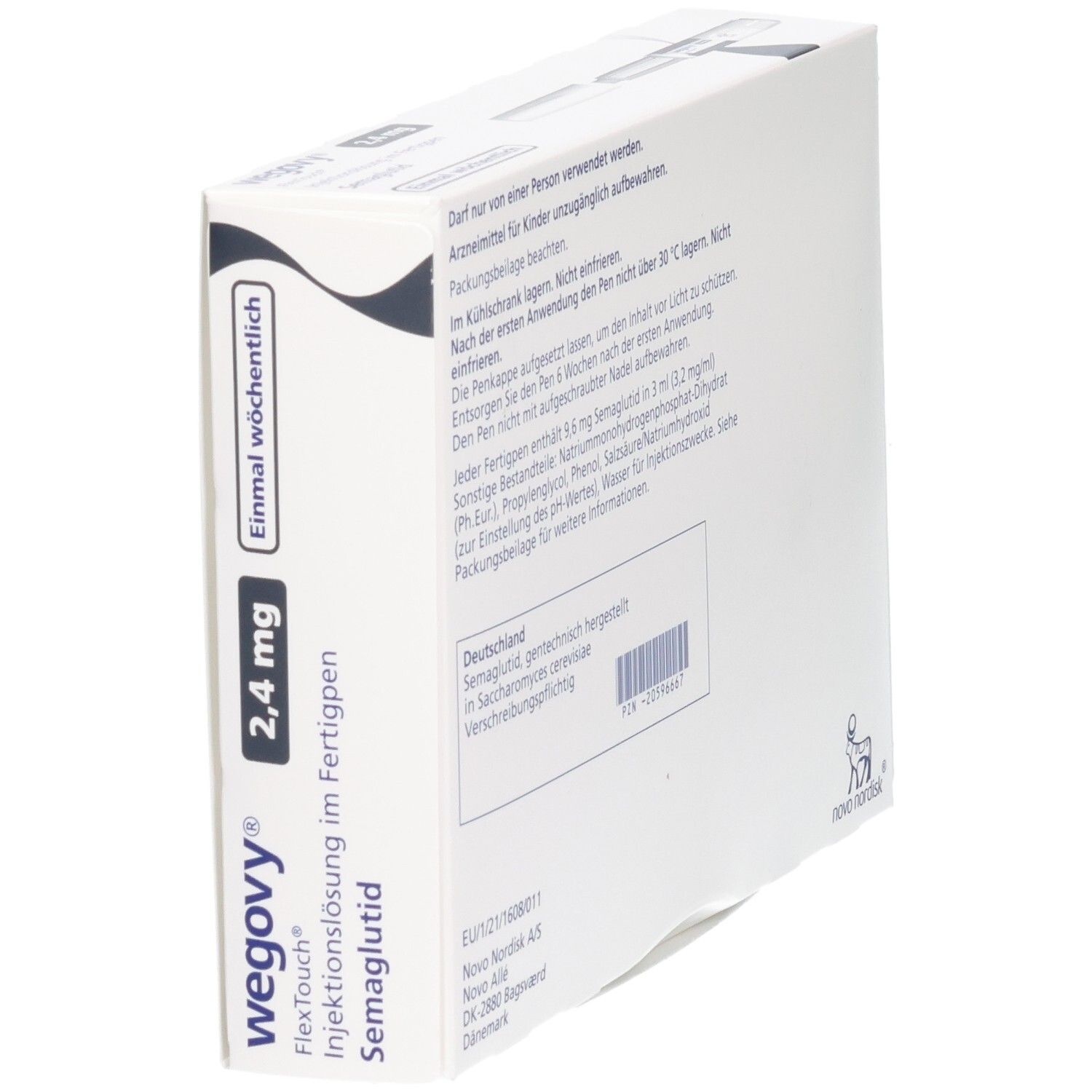 Seitenansicht der Wegovy 2,4 mg FlexTouch Verpackung mit Produktinformationen.