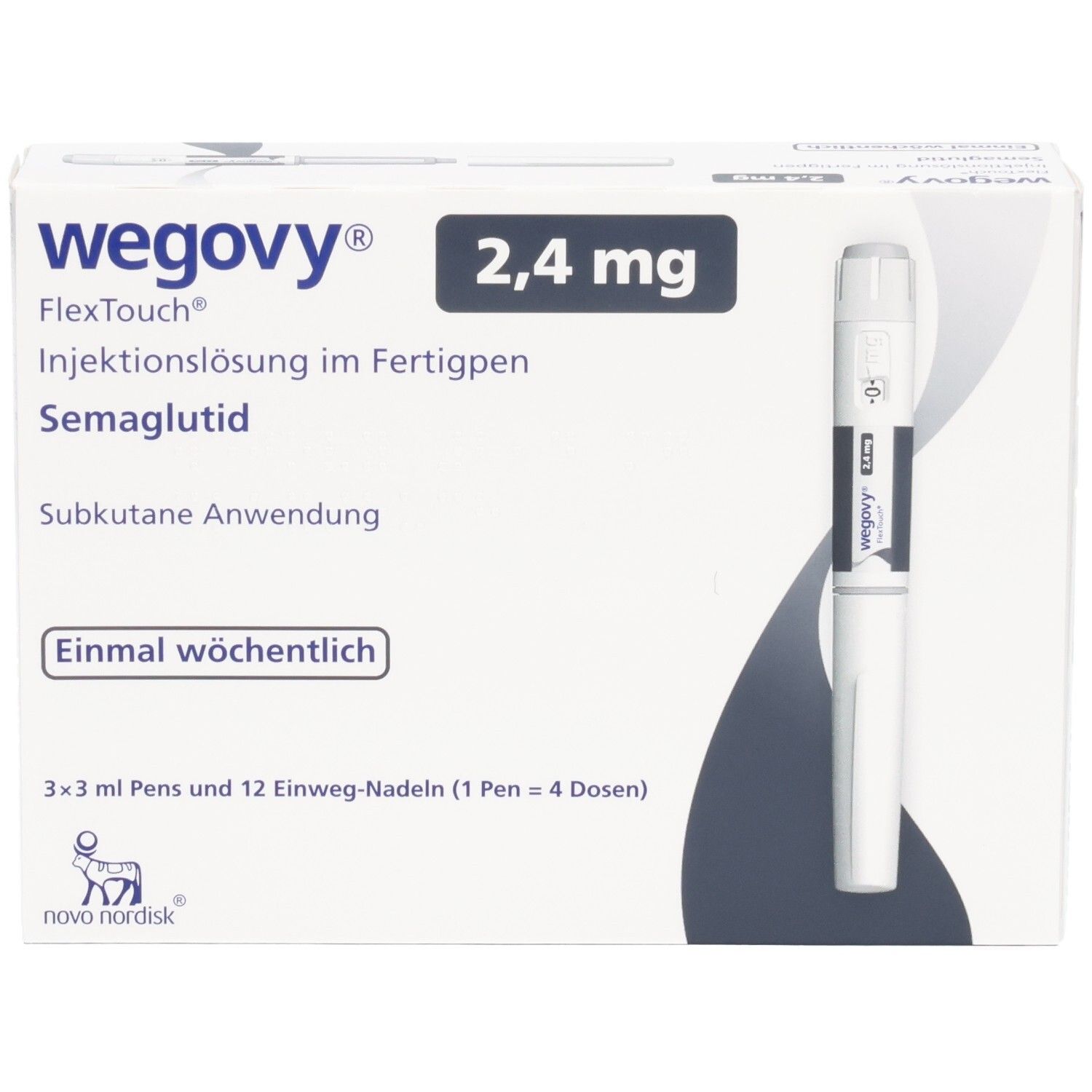 Wegovy 2,4 mg FlexTouch Fertigpen, Injektionslösung, Subkutane Anwendung, Einmal wöchentlich.