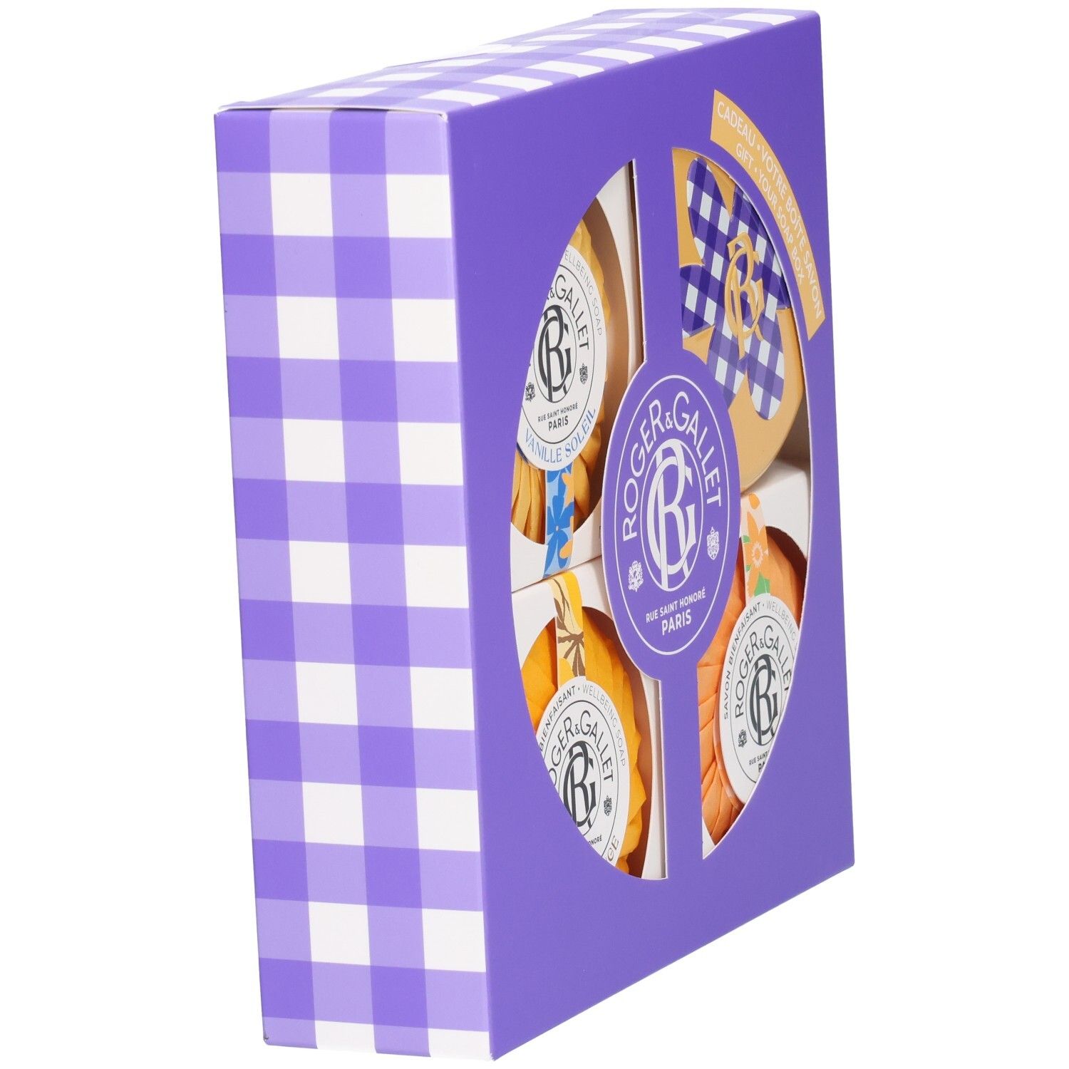 Lila Karomuster-Verpackung mit Sichtfenster, zeigt vier Roger & Gallet Seifen.