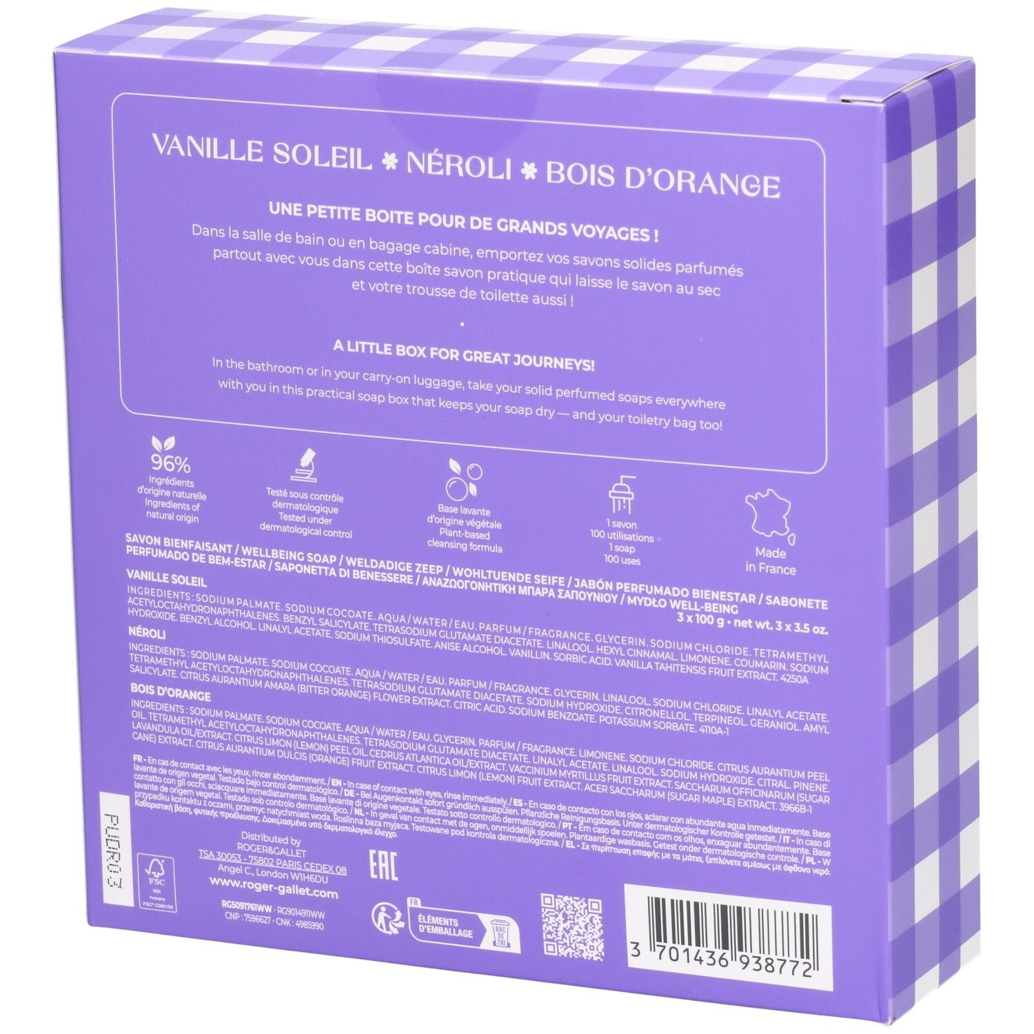 Rückseite der Roger & Gallet Seifen-Verpackung mit Produktinformationen und Siegeln.