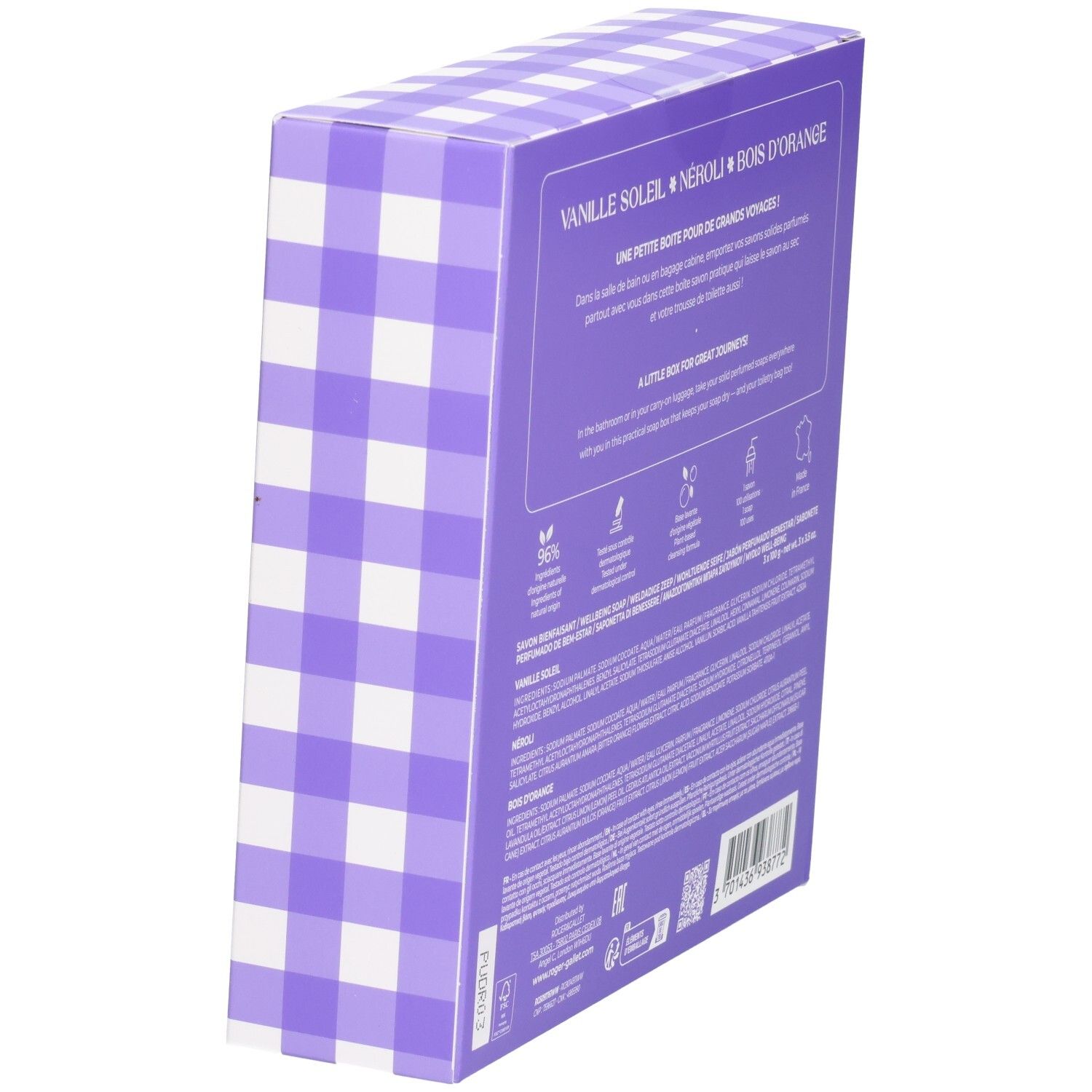 Seitenansicht der lila Karomuster-Verpackung für das Roger & Gallet Seifen-Set.