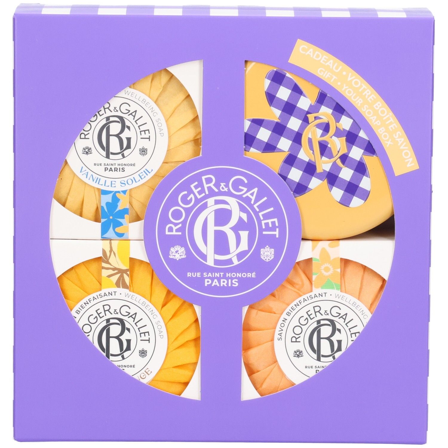 Roger & Gallet Seifen-Set: Vier Seifen in lila Verpackung mit Sichtfenster.