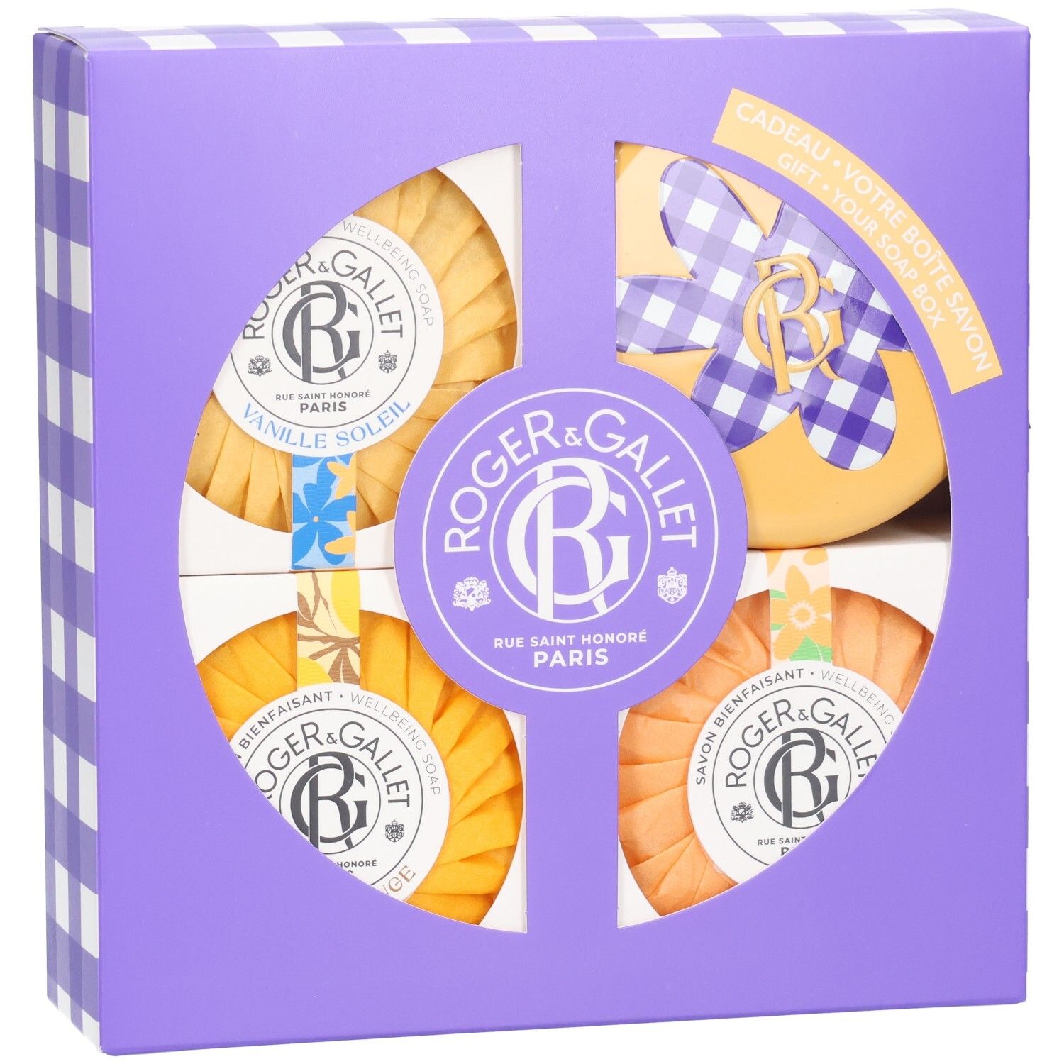 Roger & Gallet Seifen-Set mit vier Seifen, Vanille Soleil, Néroli, Bois d'Orange.