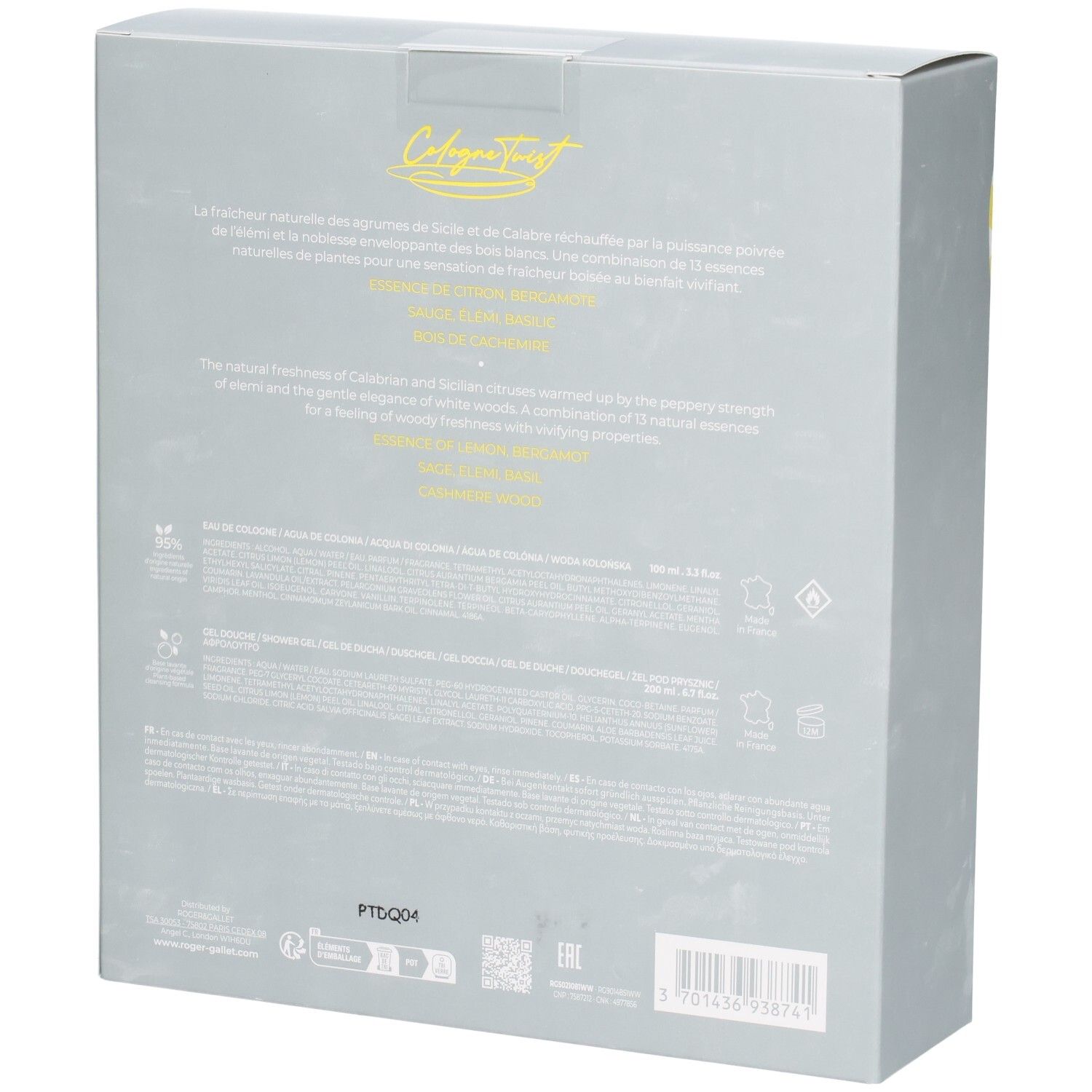 Rückseite eines Geschenksets mit Produktinformationen.