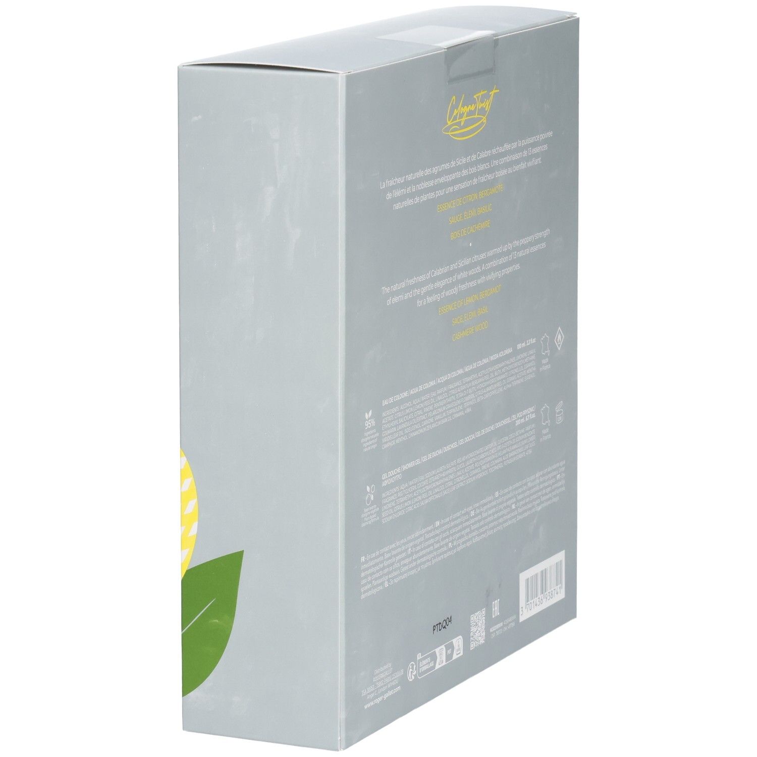 Seitenansicht eines Geschenksets mit Produktinformationen.