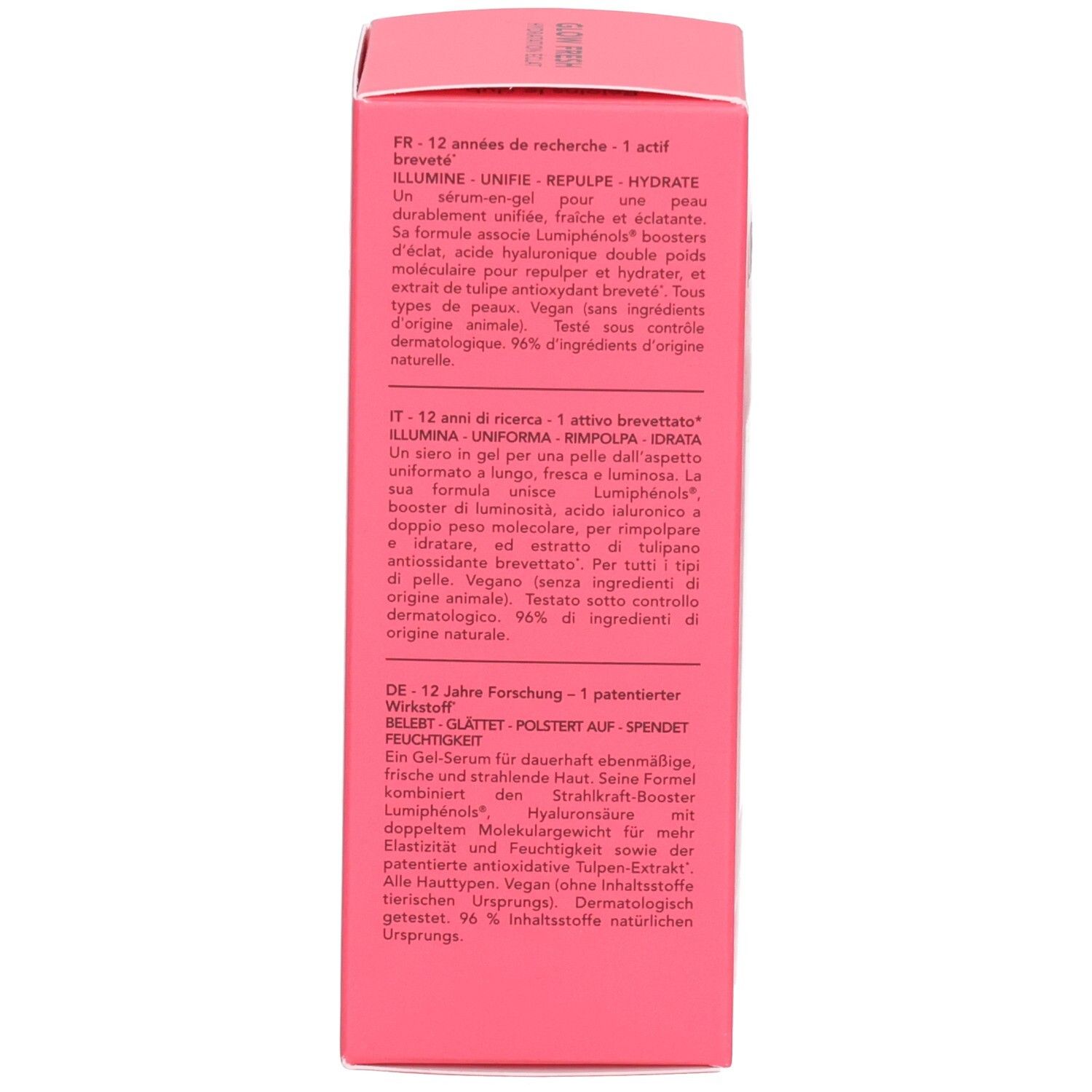Seite der rosa Produktverpackung mit detaillierten Produktinformationen in mehreren Sprachen.