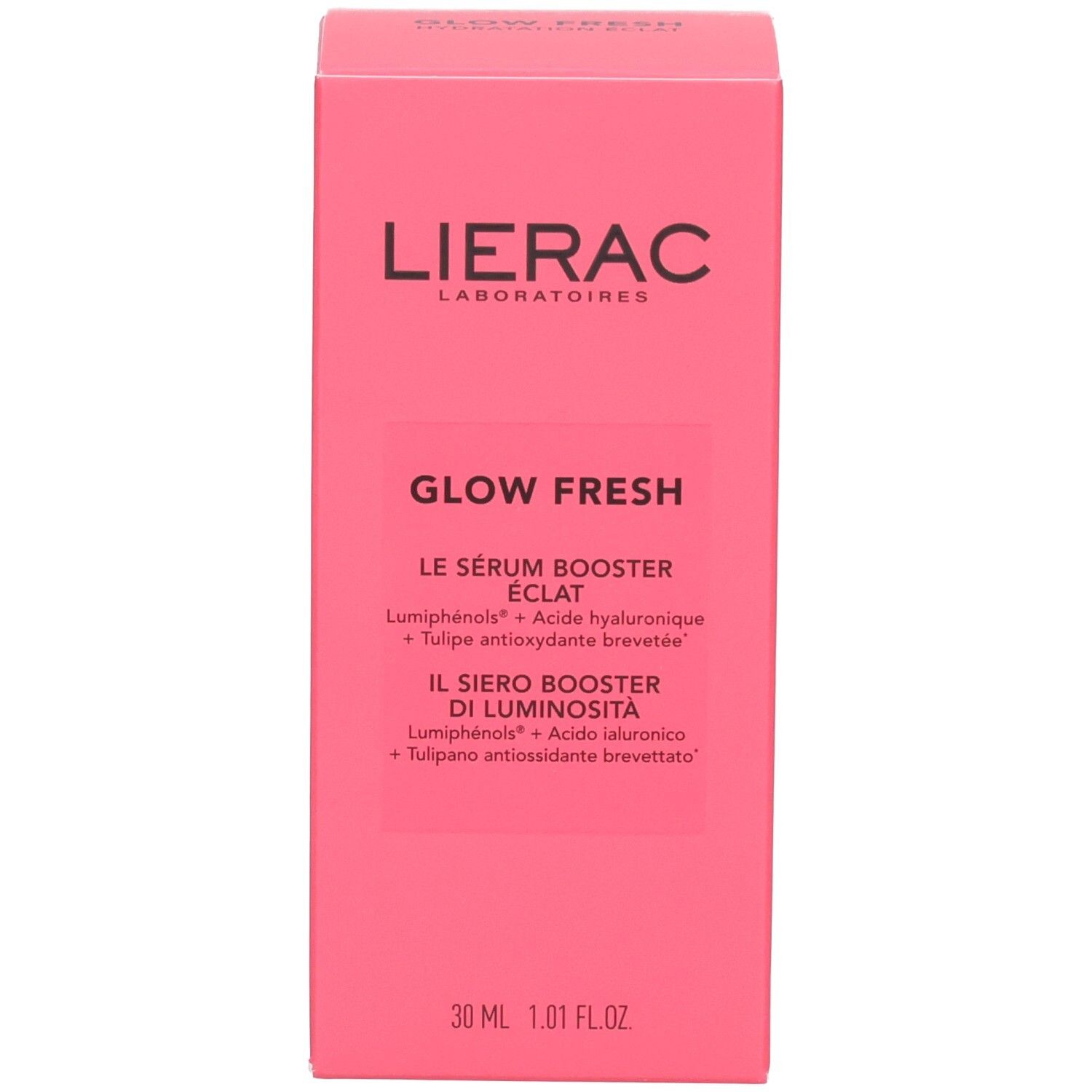 Rosa Produktverpackung für LIERAC Glow Fresh Serum mit Produktnamen und Inhaltsstoffen.