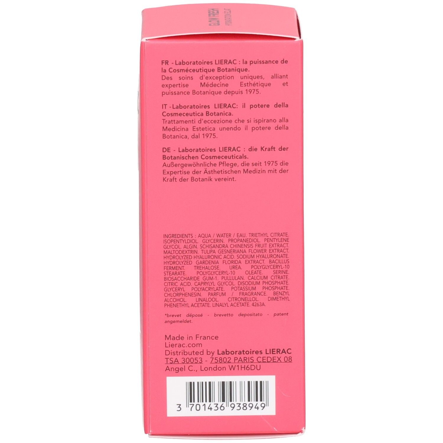 Seite der rosa Produktverpackung mit Inhaltsstoffen und Herstellungsland.