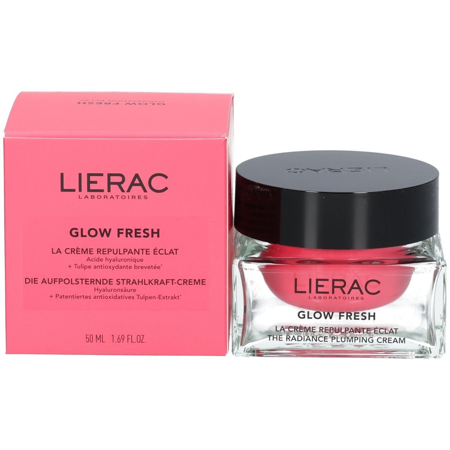 Lierac Glow Fresh Creme neben der rosa Verpackungsbox. 50 ml.