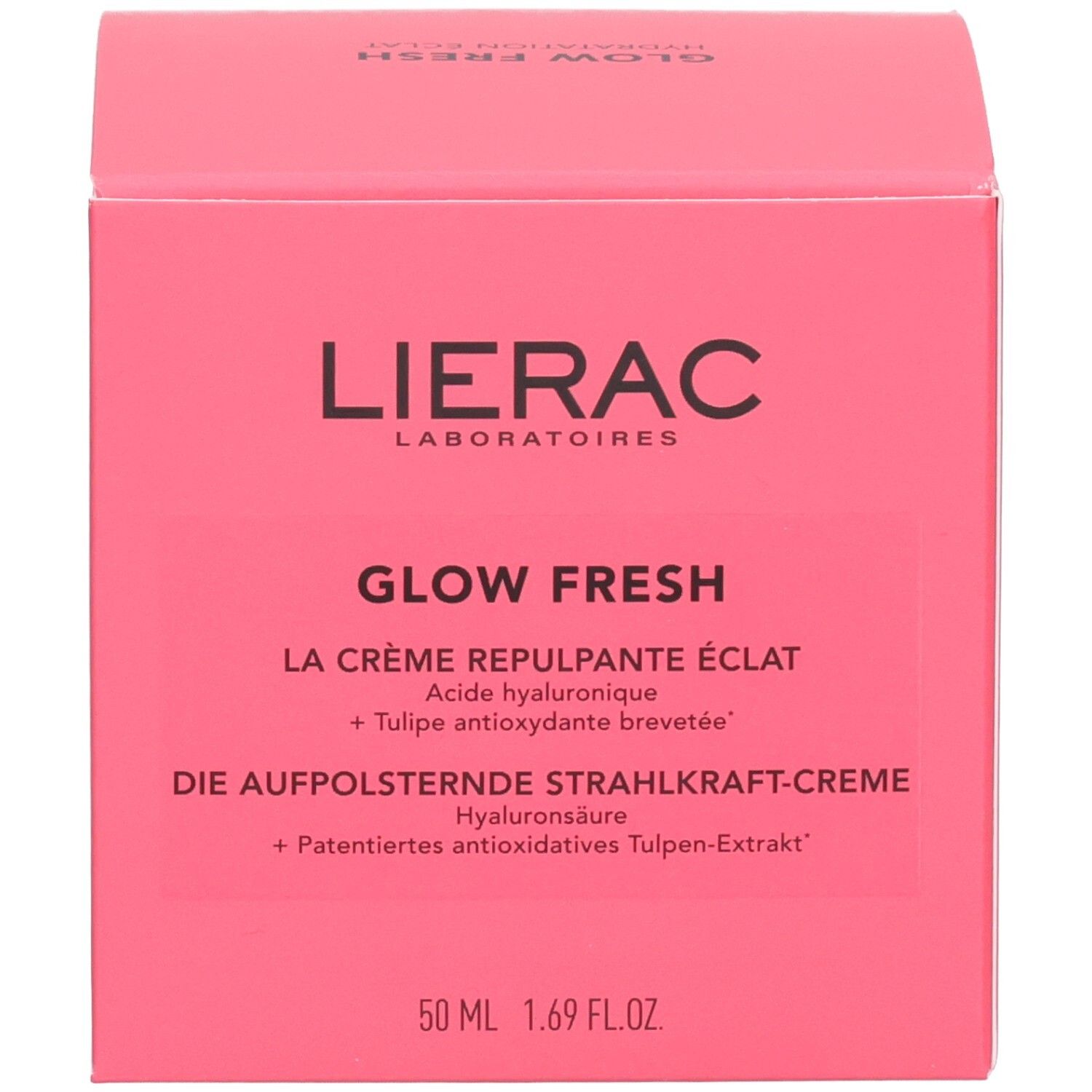 Rosa Verpackungsbox für Lierac Glow Fresh Creme mit Produktinformationen. 50 ml.