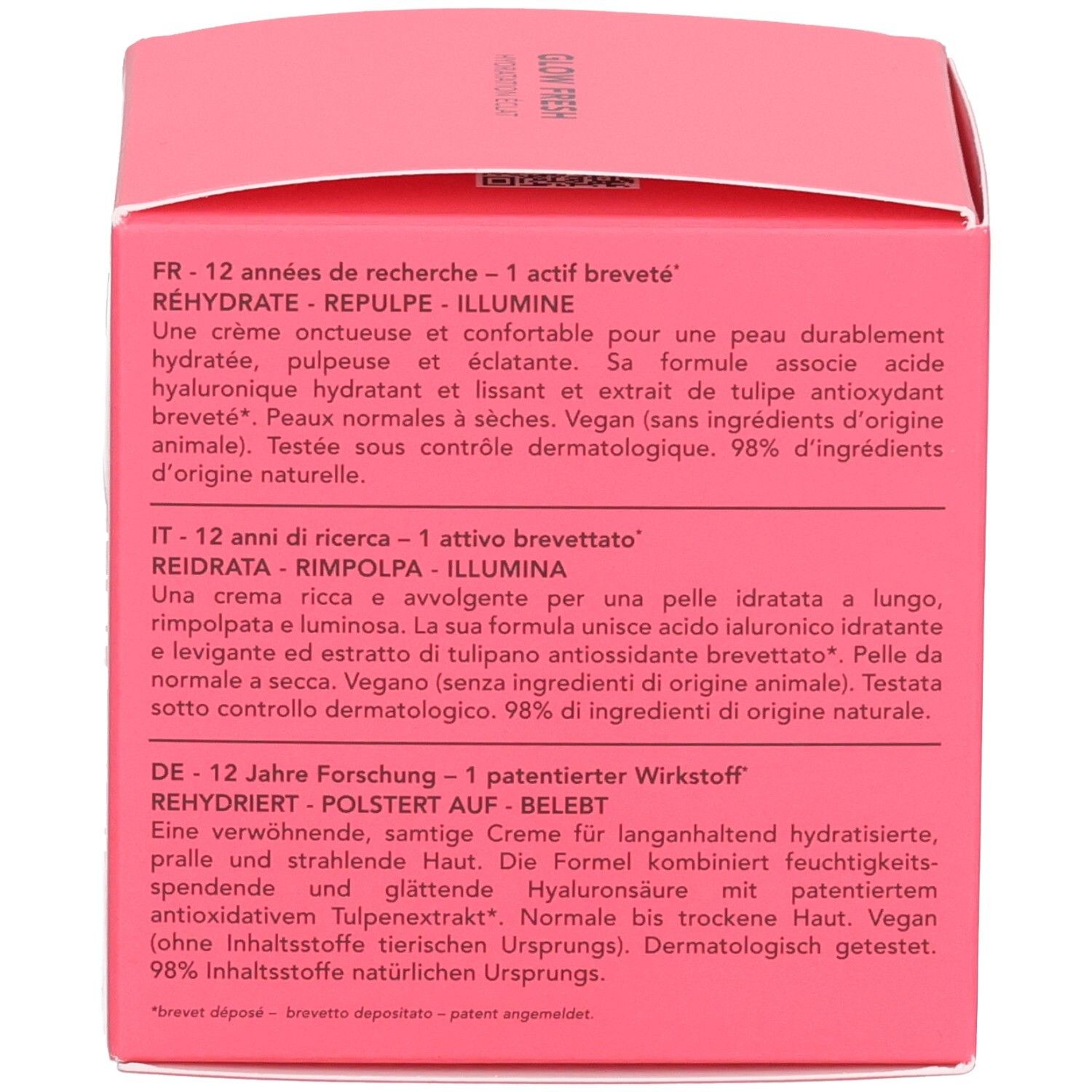 Seitenansicht der rosa Lierac Glow Fresh Verpackungsbox mit detaillierten Produktinformationen.