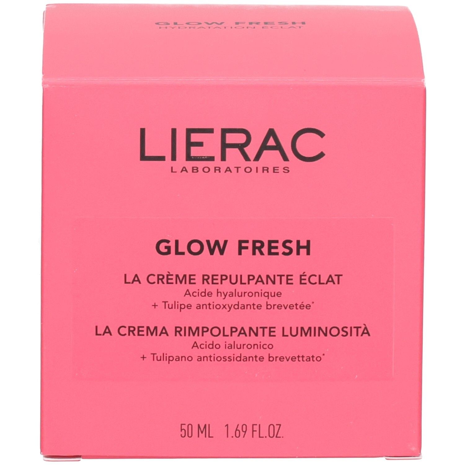 Vorderseite der rosa Lierac Glow Fresh Verpackungsbox mit Produktnamen und Volumen.