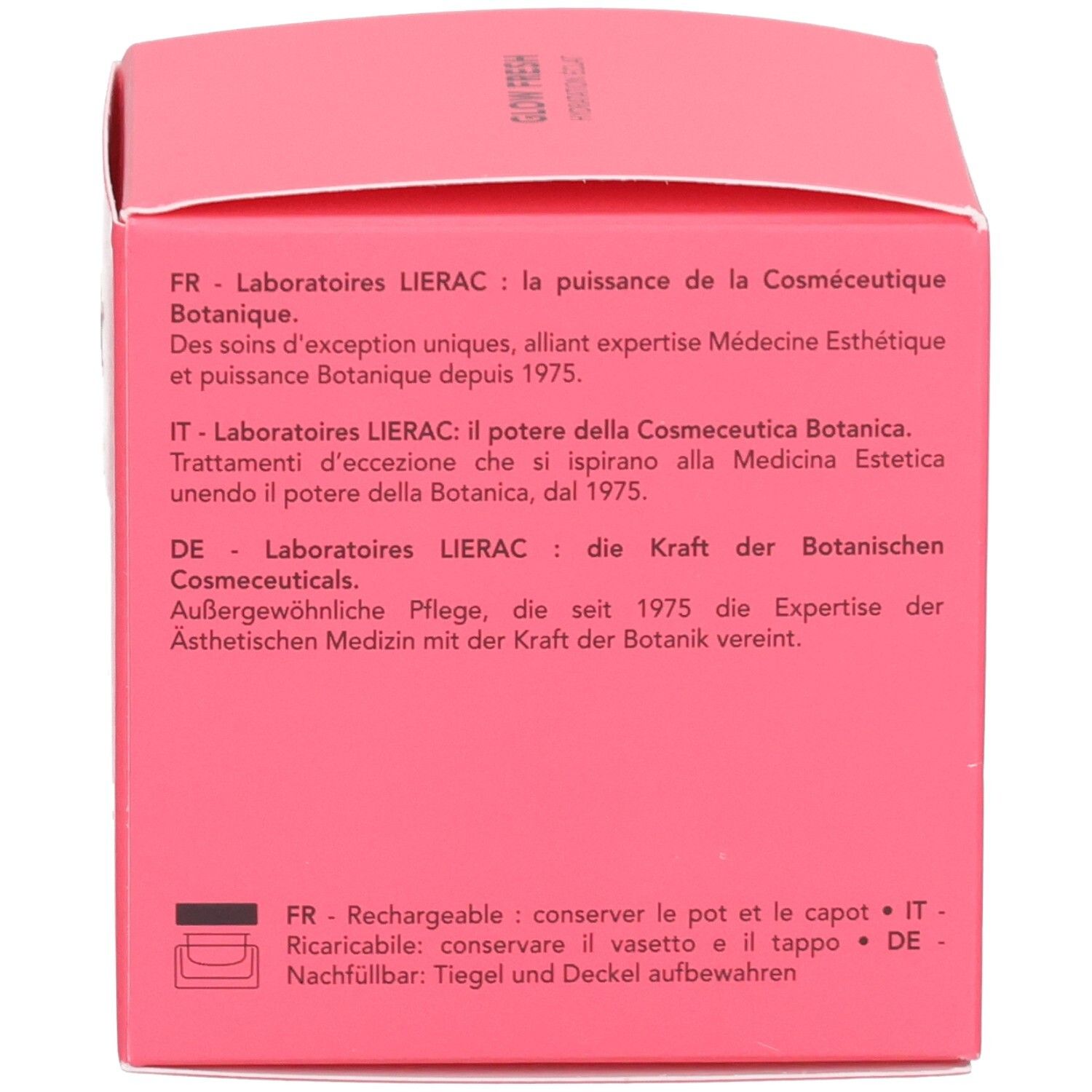 Rückseite der rosa Lierac Glow Fresh Verpackungsbox mit Informationen über die Marke.