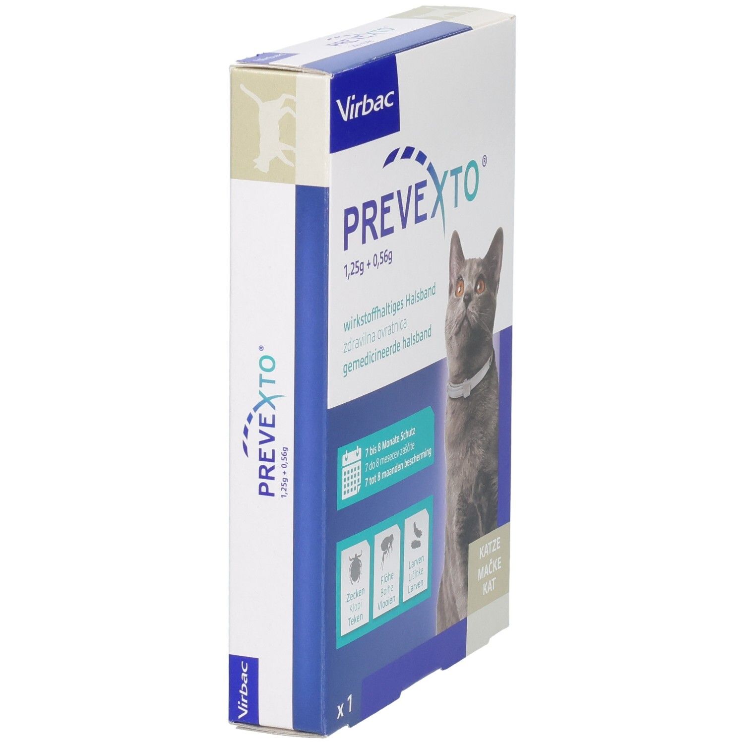 Seitenansicht der Verpackung eines Katzenhalsbandes gegen Parasiten.