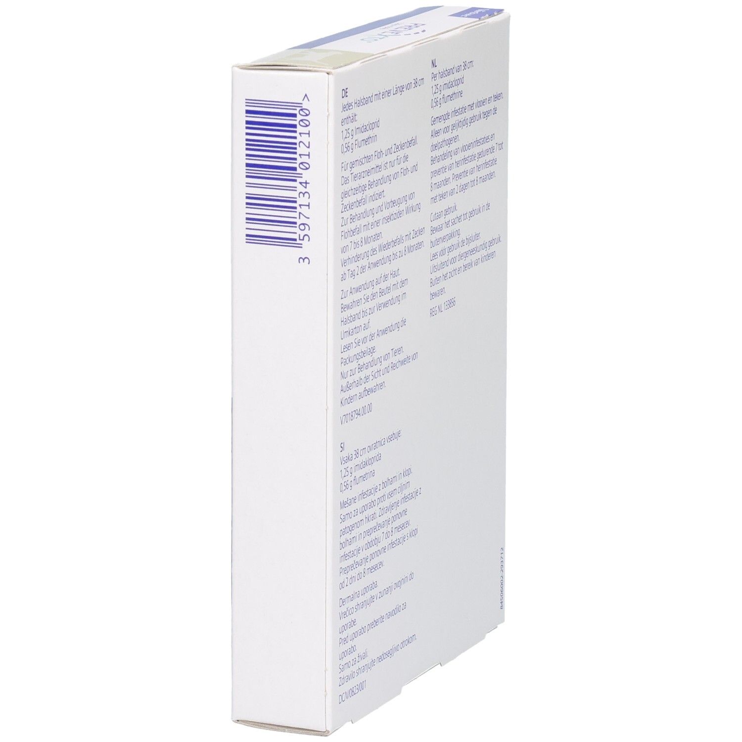 Seitenansicht der Verpackung eines Katzenhalsbandes mit Barcode und Text.