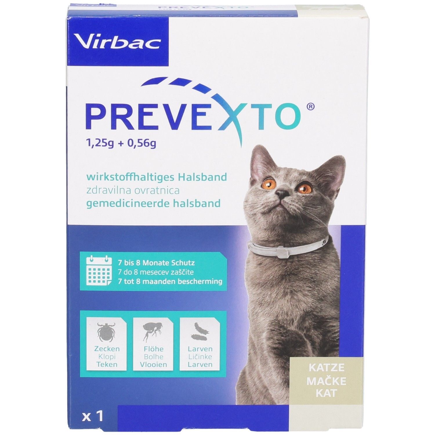 Verpackung eines Halsbandes für Katzen mit Wirkstoffen gegen Parasiten.