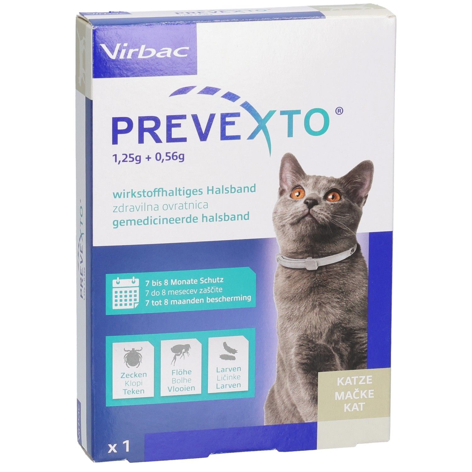 Verpackung eines Halsbandes für Katzen mit Wirkstoffen gegen Parasiten.