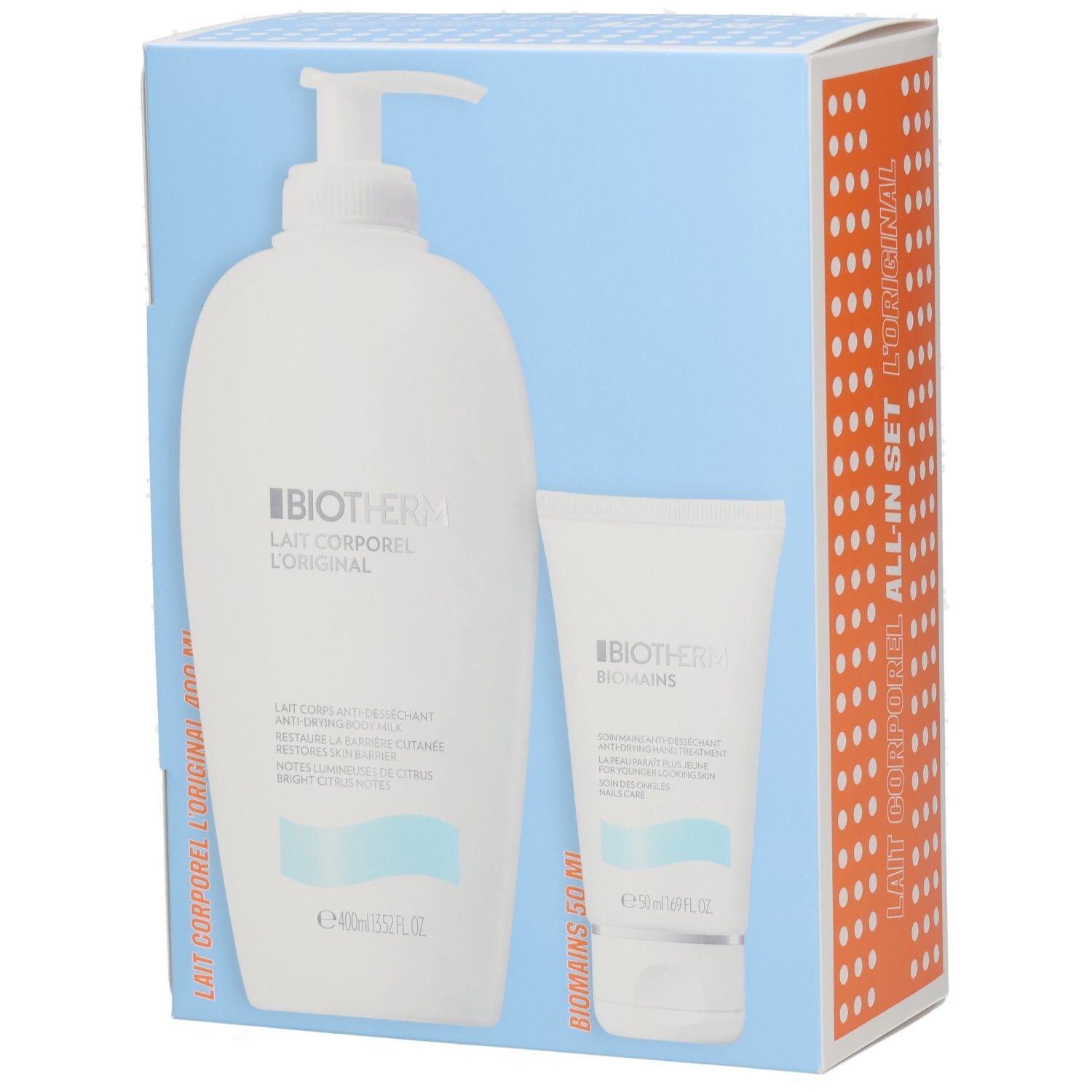 Biotherm Körperlotion (400ml) und Handcreme (50ml) im Set.