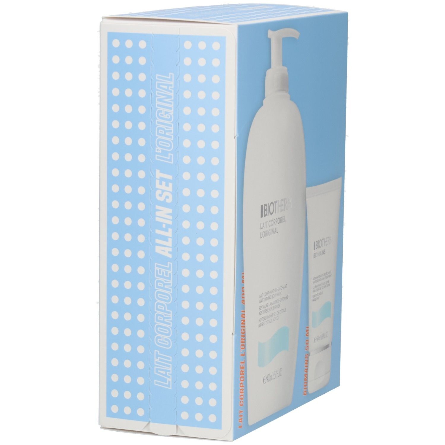 Biotherm Lait Corporel All-in-Set: Eine weiße Flasche mit Pumpspender und eine weiße Tube auf hellblauem Karton.