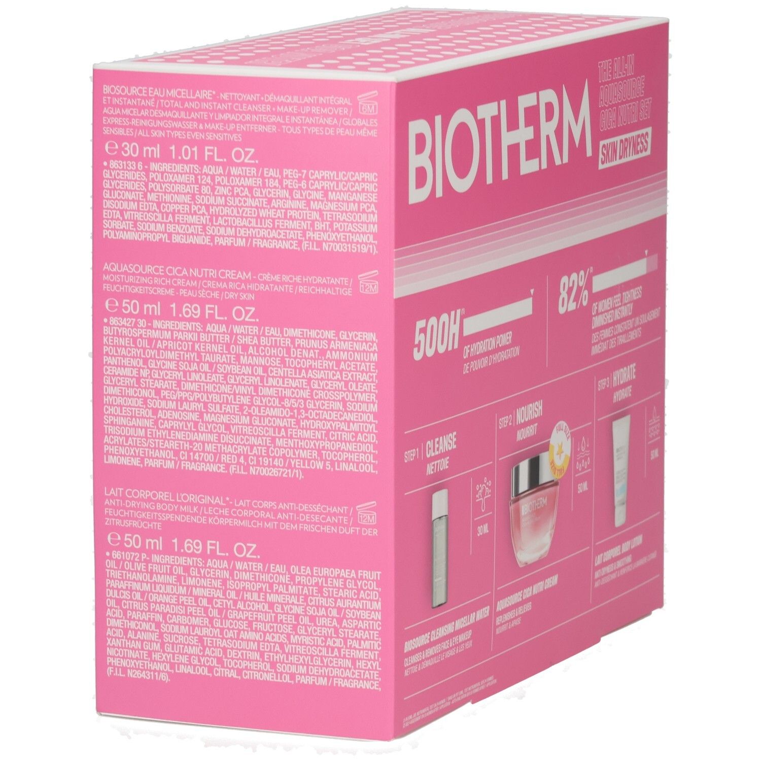 Biotherm Produktbox mit drei Kosmetikprodukten: Reinigung, Feuchtigkeitscreme und Körperlotion.