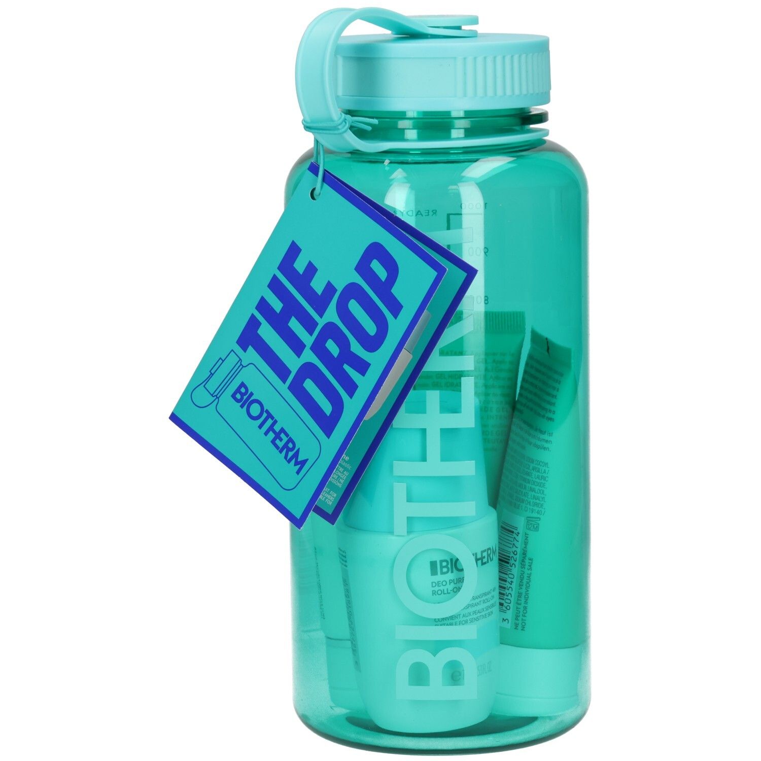 Türkise Wasserflasche mit Pflegeprodukten und Anhänger "The Drop Biotherm".