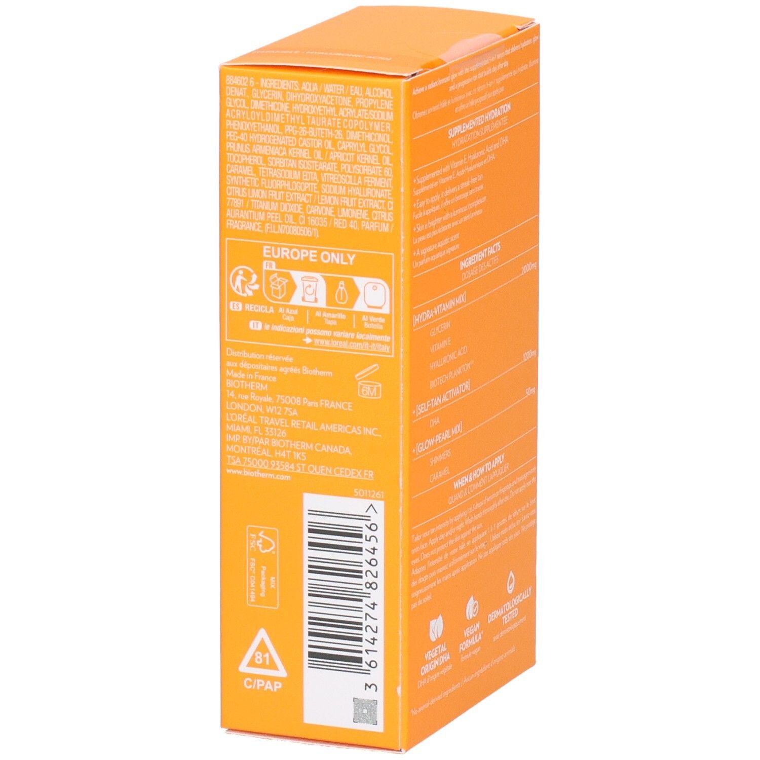 Seitenansicht der Biotherm Aquasource+ Vitamin Glow Hydra-Bronze Drops Verpackung mit Barcode.