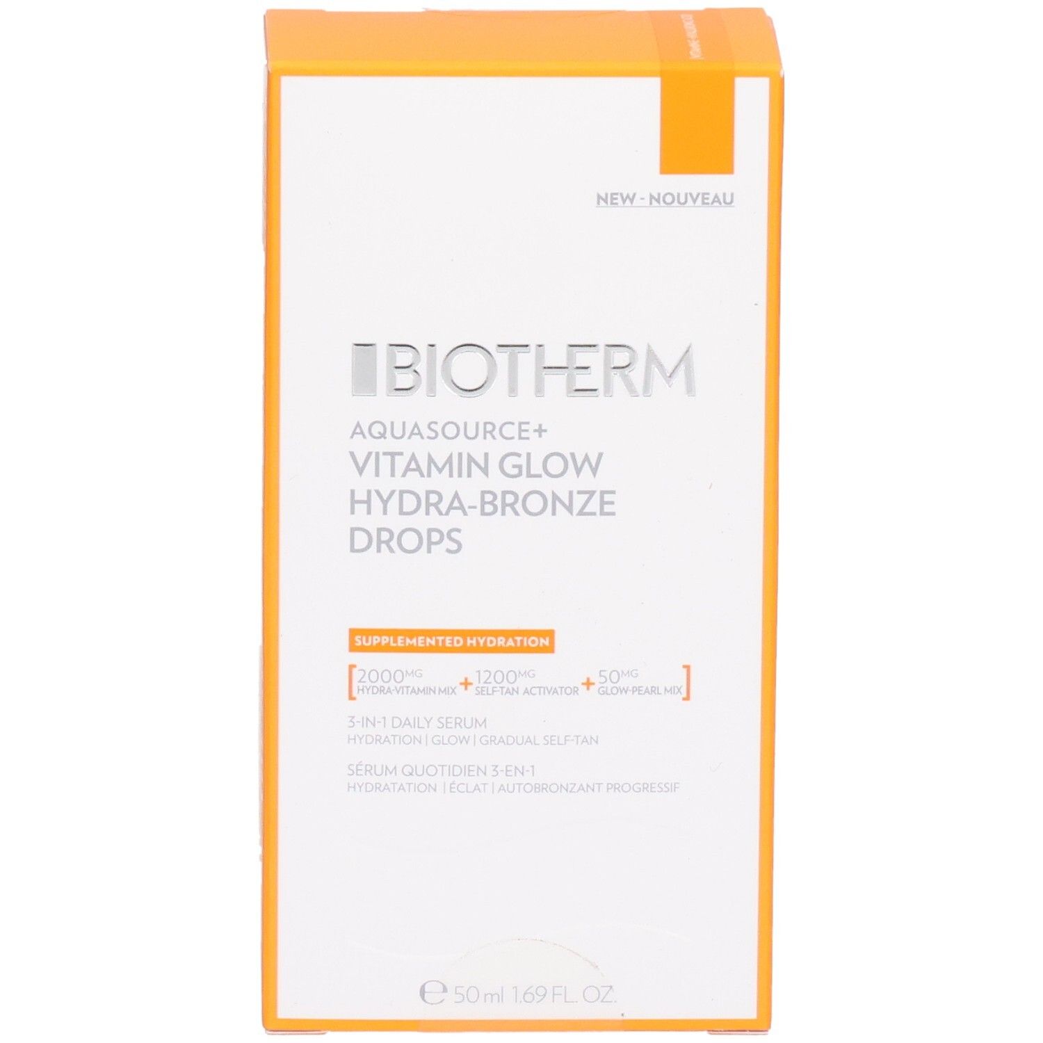 Vorderseite der Biotherm Aquasource+ Vitamin Glow Hydra-Bronze Drops Verpackung, 50ml.